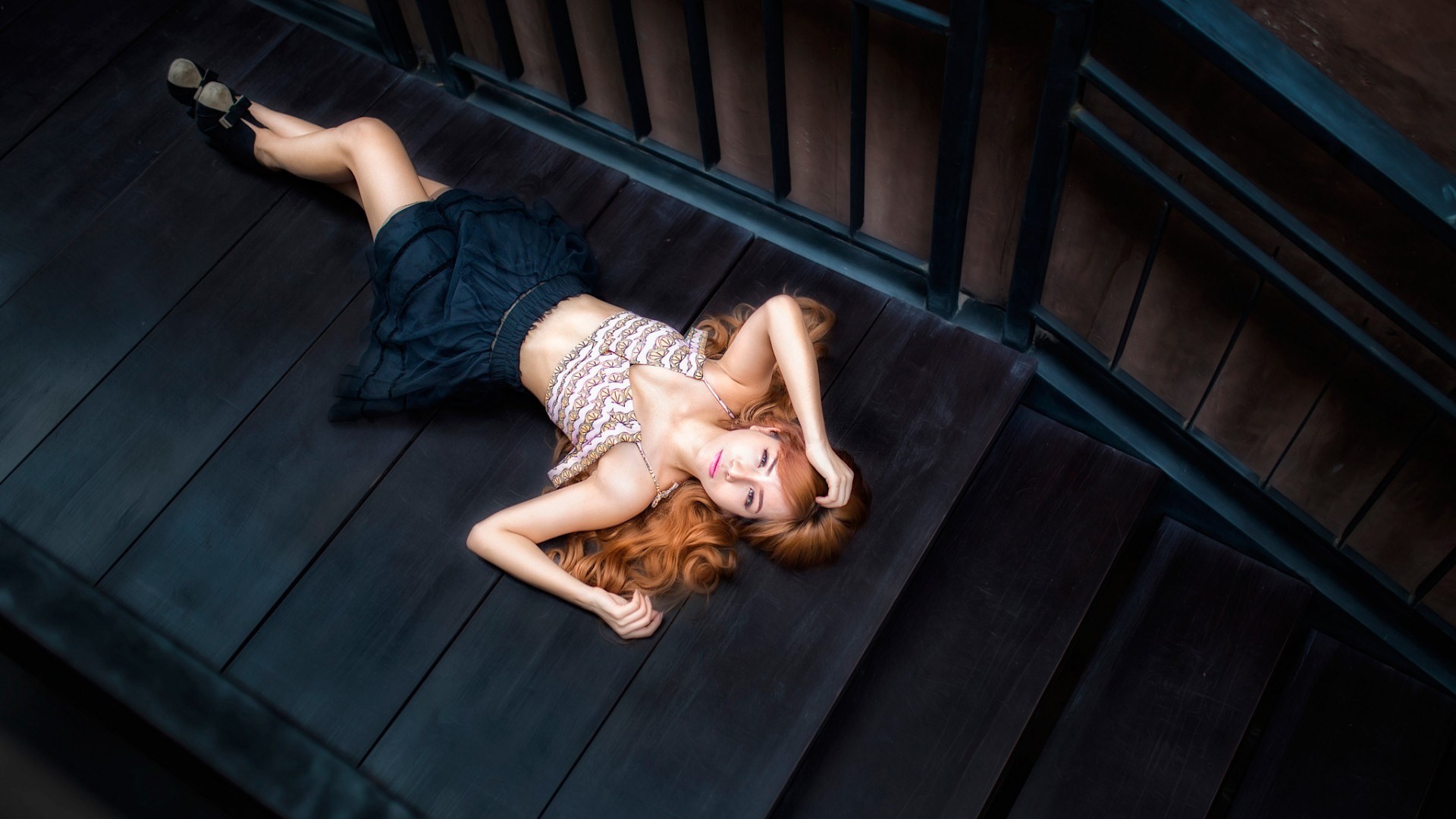 Women Model Redhead Long Hair High Heels Looking At Viewer Skirt Hands In Hair Stairs Bare Shoulders 1920x1080