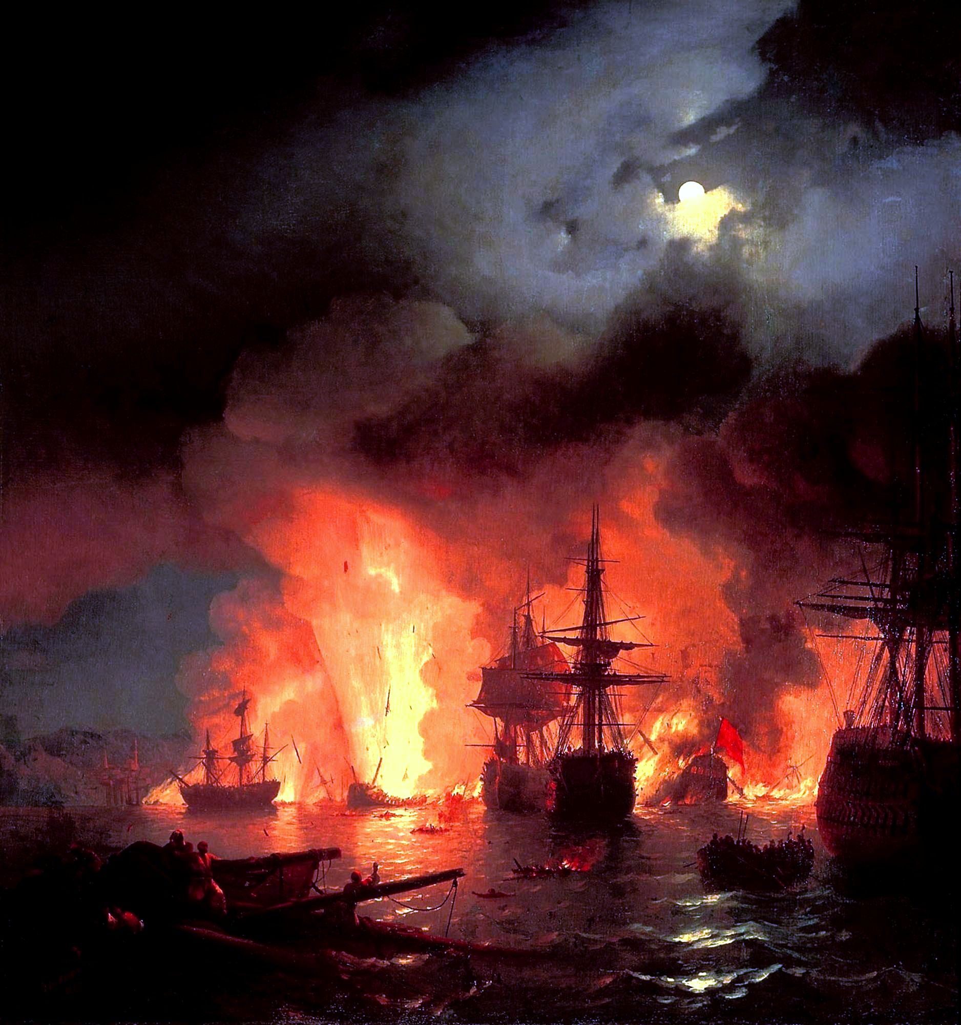Ivan Aivazovsky Ivan Konstantinovich Aivazovsky Battle Battle Of Chesme Burning Ship Painting Oil Pa 1876x2000