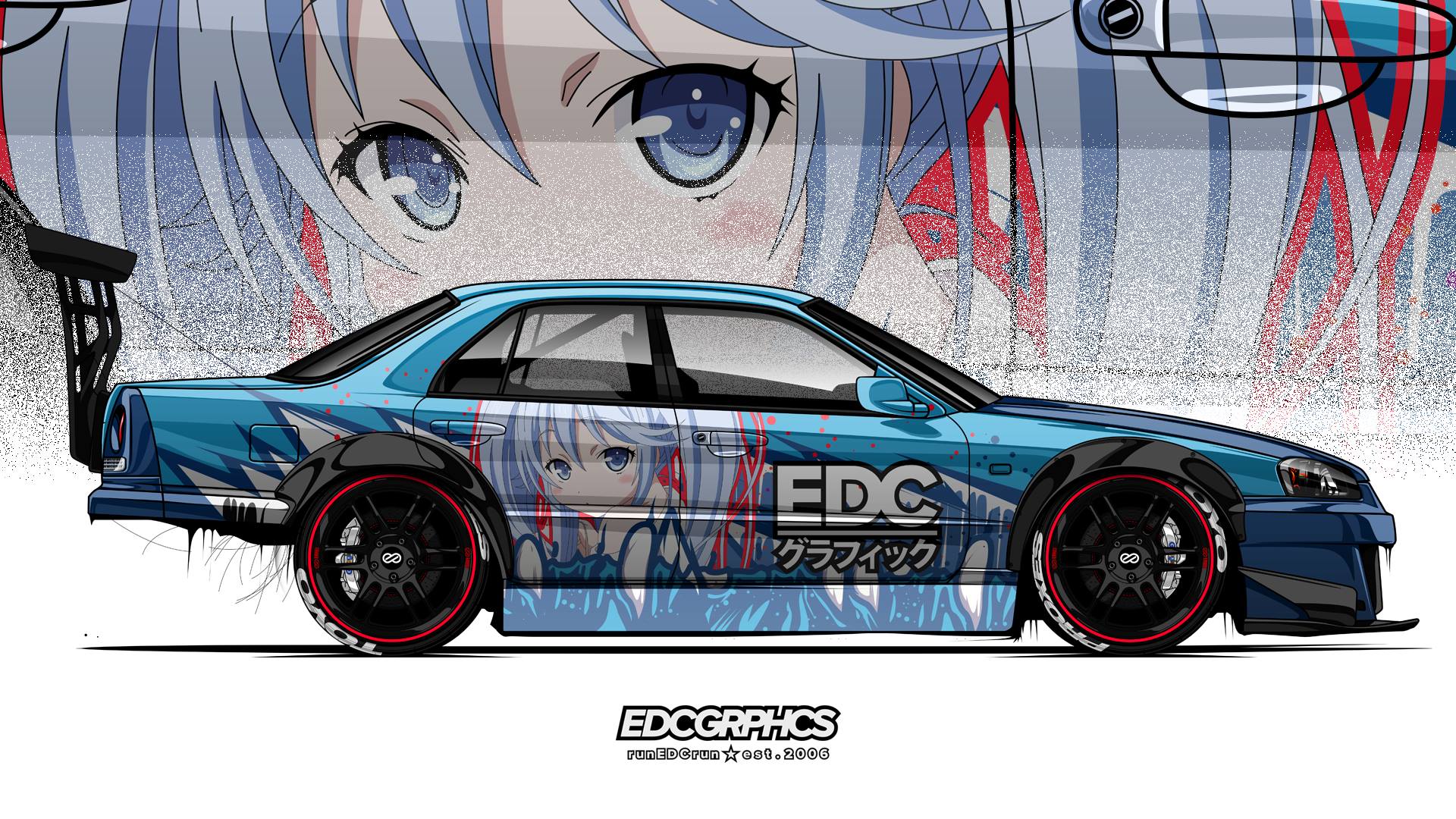 EDC Graphics Nissan Skyline ER34 Render Nissan Japanese Cars Anime Girls JDM Side View 1920x1080