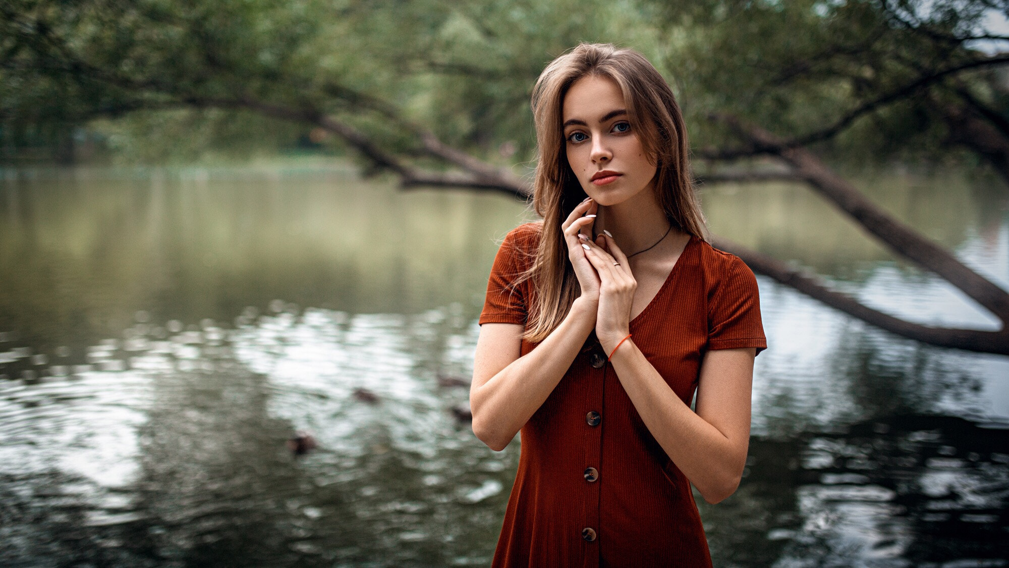 Women Model Looking At Viewer Portrait Outdoors Dress Blue Eyes Necklace Trees River Water Depth Of  2000x1125