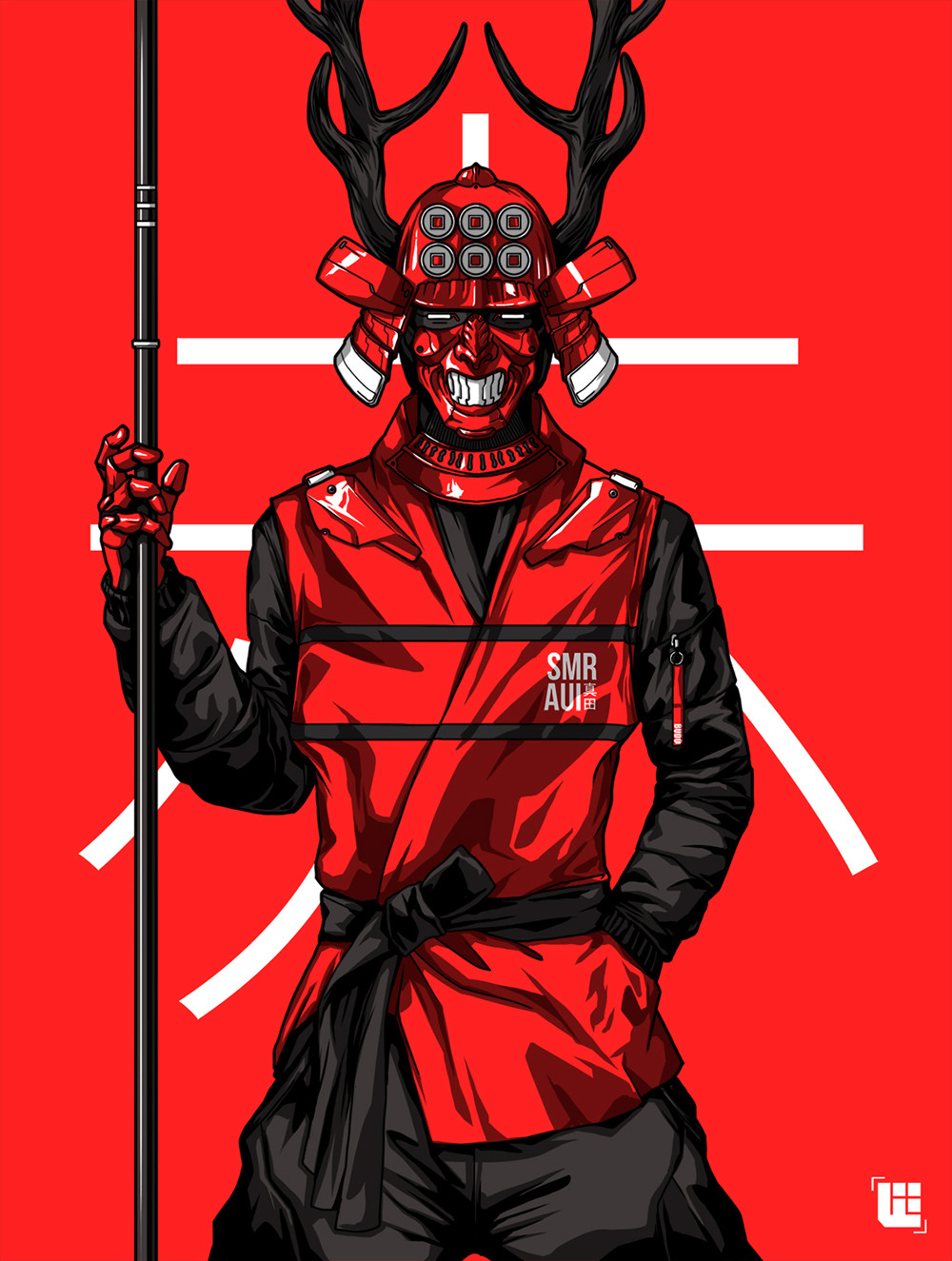 Bryan Lie Men Samurai Red Background Masked Staff Horns Red 1000x1325