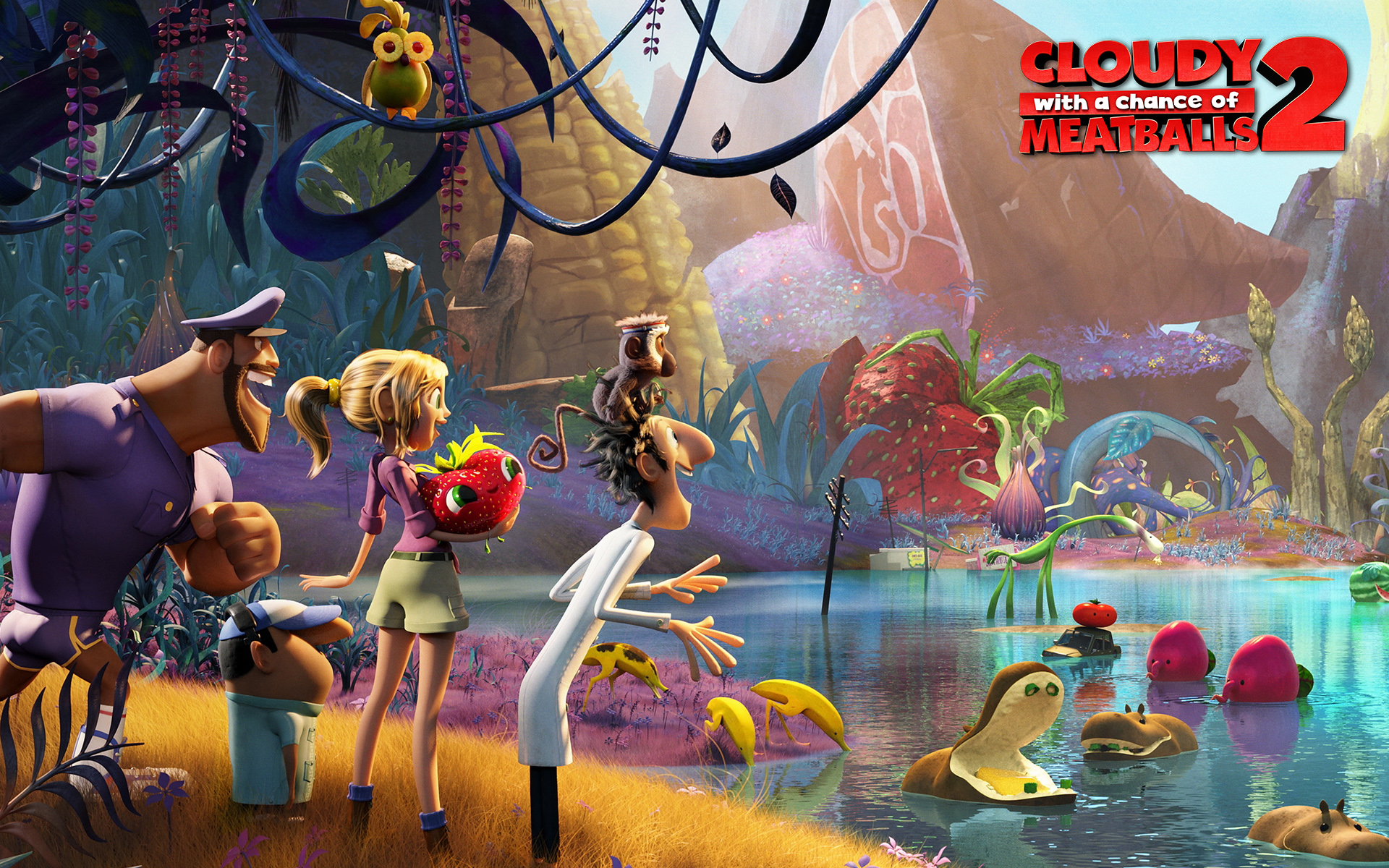 Cloudy With A Chance Of Meatballs 2 Movie Flint Lockwood Sam Sparks Steve Cloudy With A Chance Of Me 1920x1200