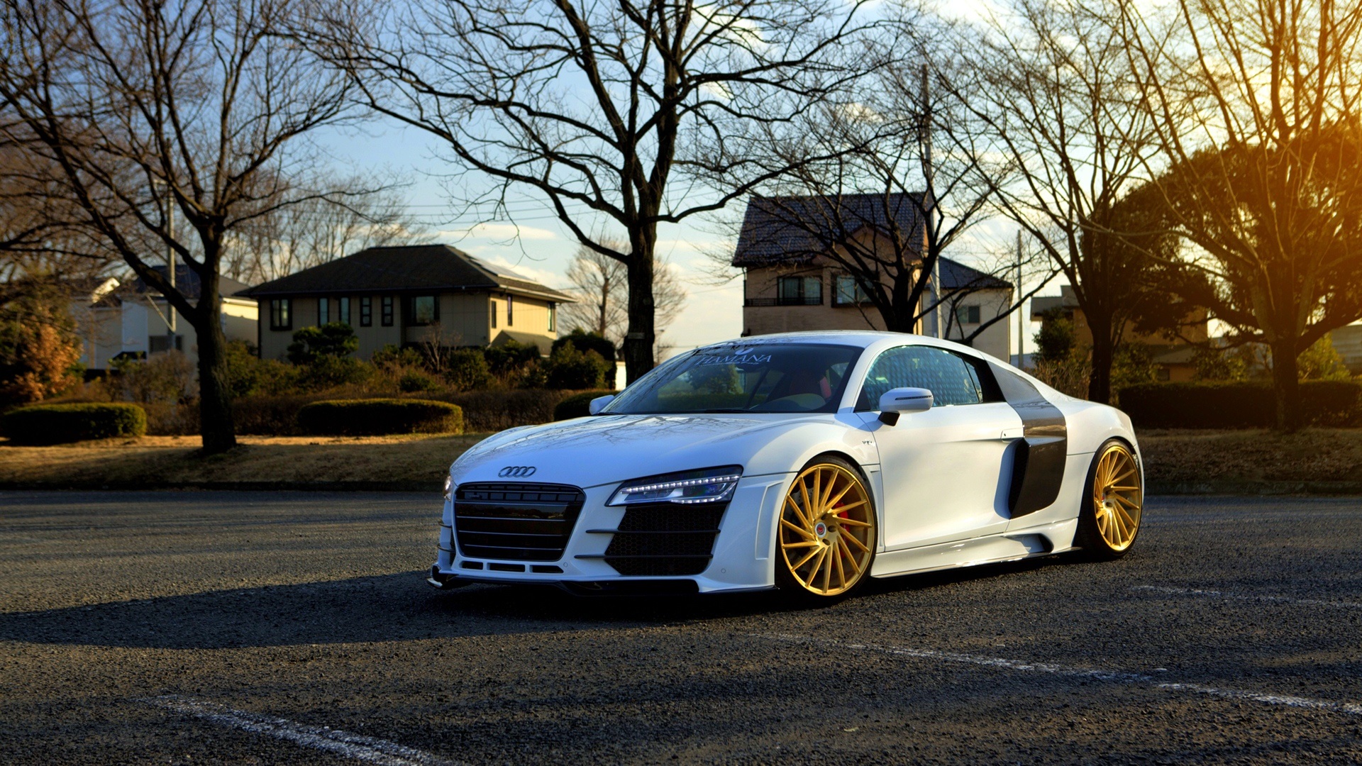 Audi R8 White Cars Car Vehicle Asphalt Nature Trees House Building Sky Sunlight Daylight Plants Audi 1920x1080