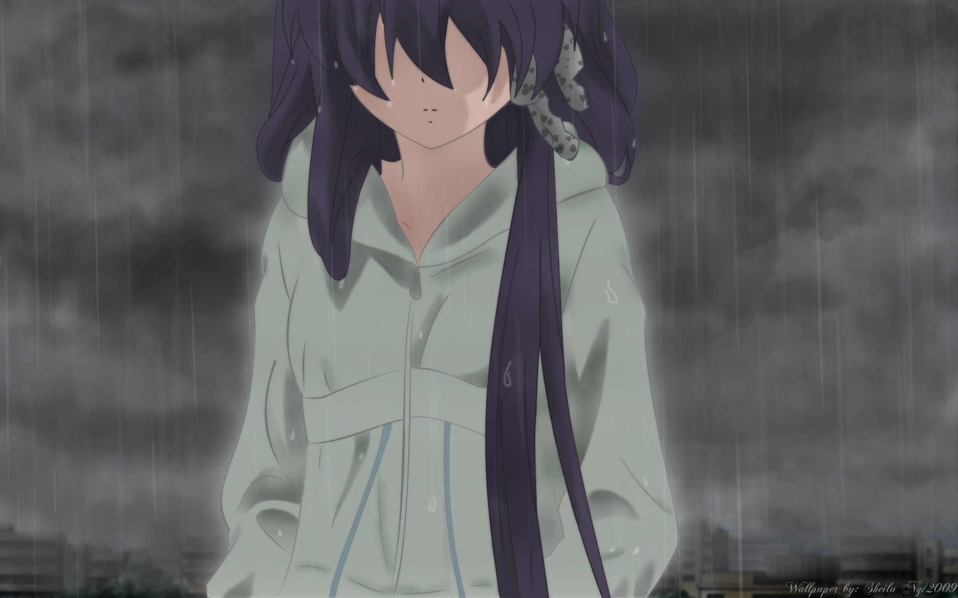 Clannad Fujibayashi Kyou Anime Girls Rain Purple Hair Anime 2009 Year 1920x1200