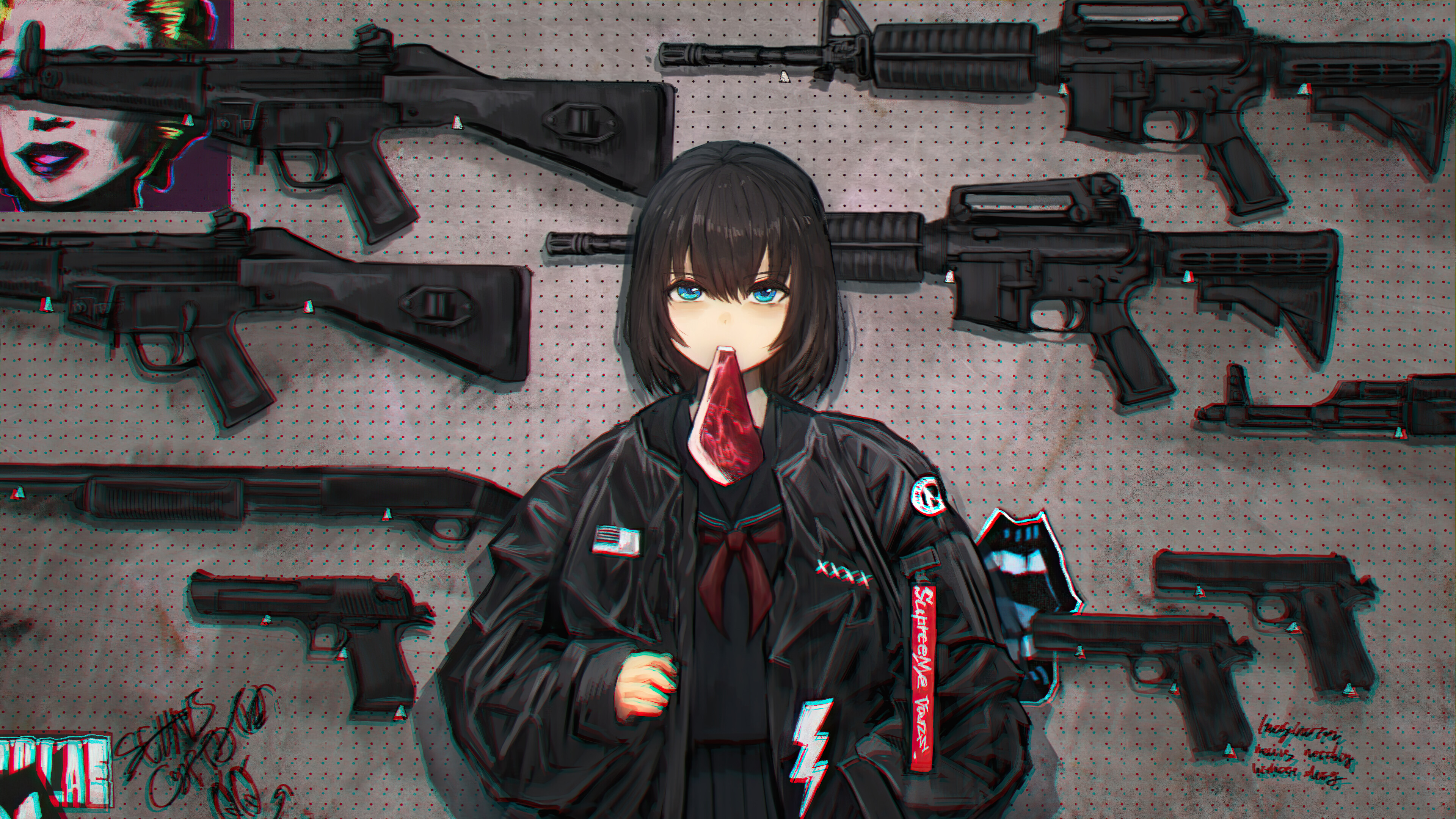 Anime Girls Gun Military Black Hair Blue Eyes Digital Art Artwork Drawing School Uniform Rifles Pist 3840x2160