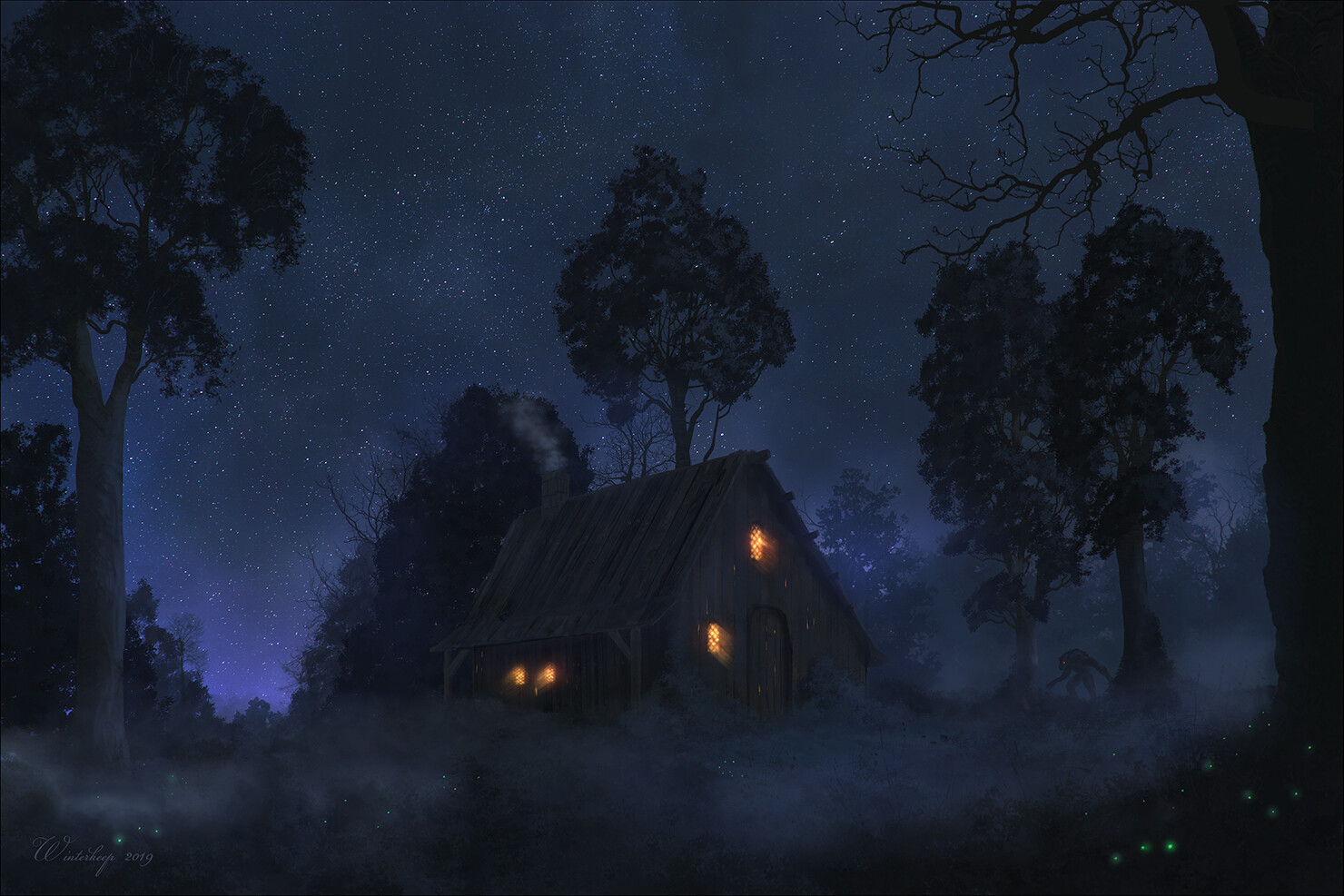 Dark Digital Night Stars Mist Trees Forest House Werewolves 1480x987