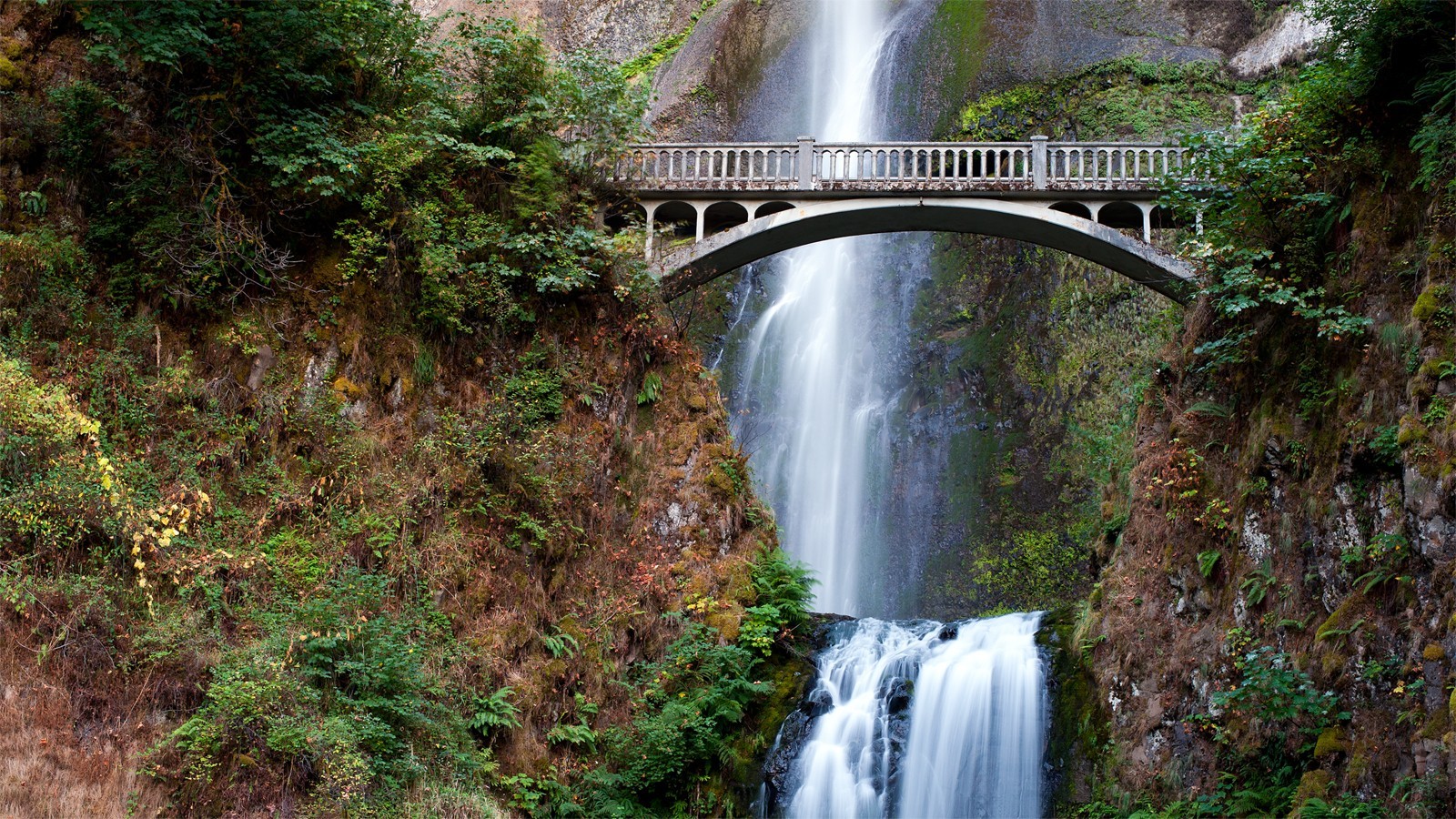 Waterfall Multnomah Falls Bridge Nature Rock 1600x900