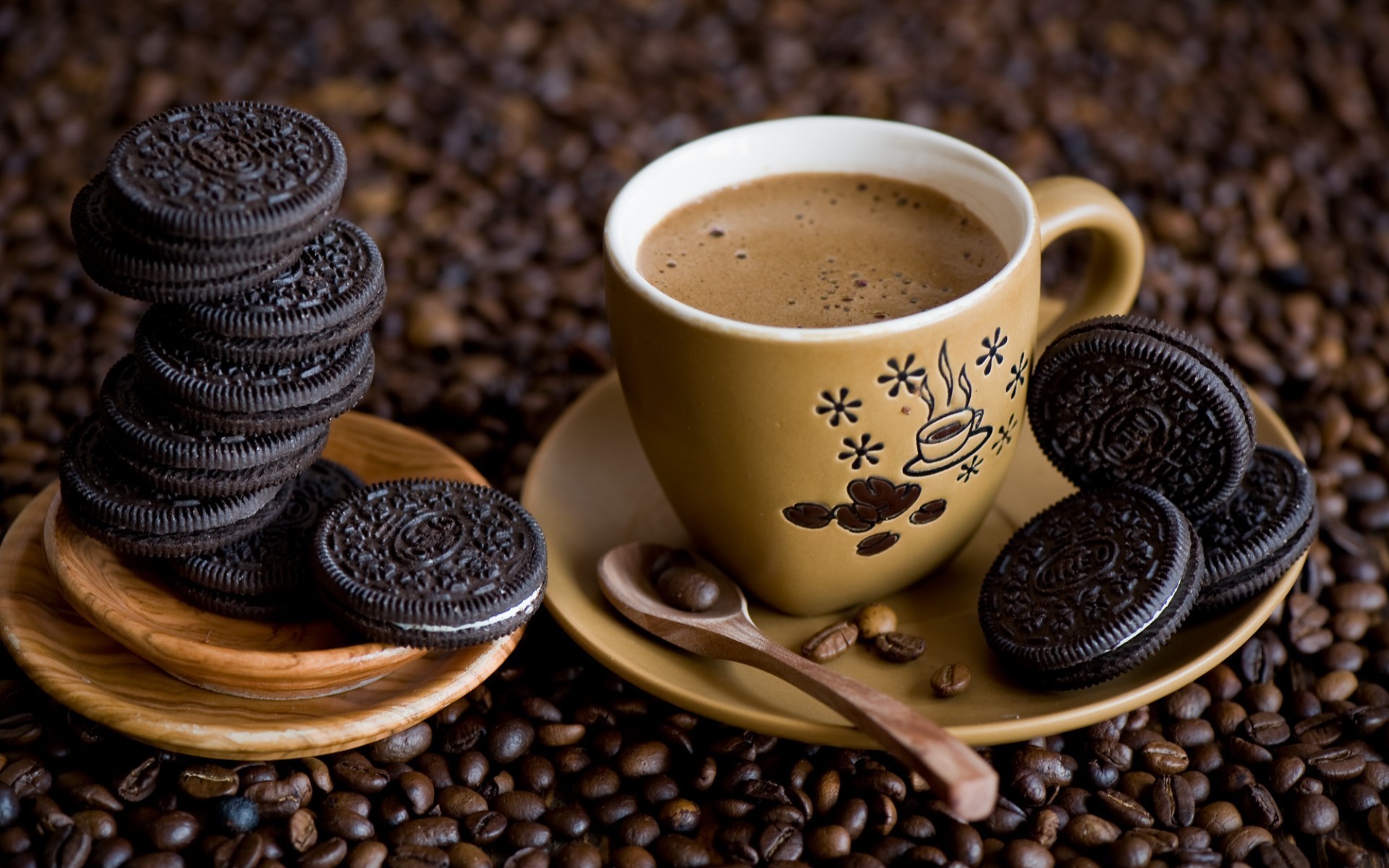 Coffee Cup Spoons Oreos Food Coffee Beans 1920x1200