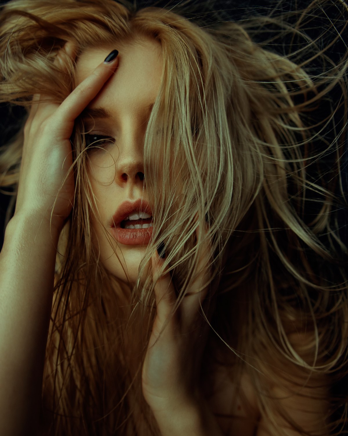 Aleksey Trifonov Portrait Blonde Face Women Hair In Face Open Mouth Black Nails Selena Verner 1200x1500