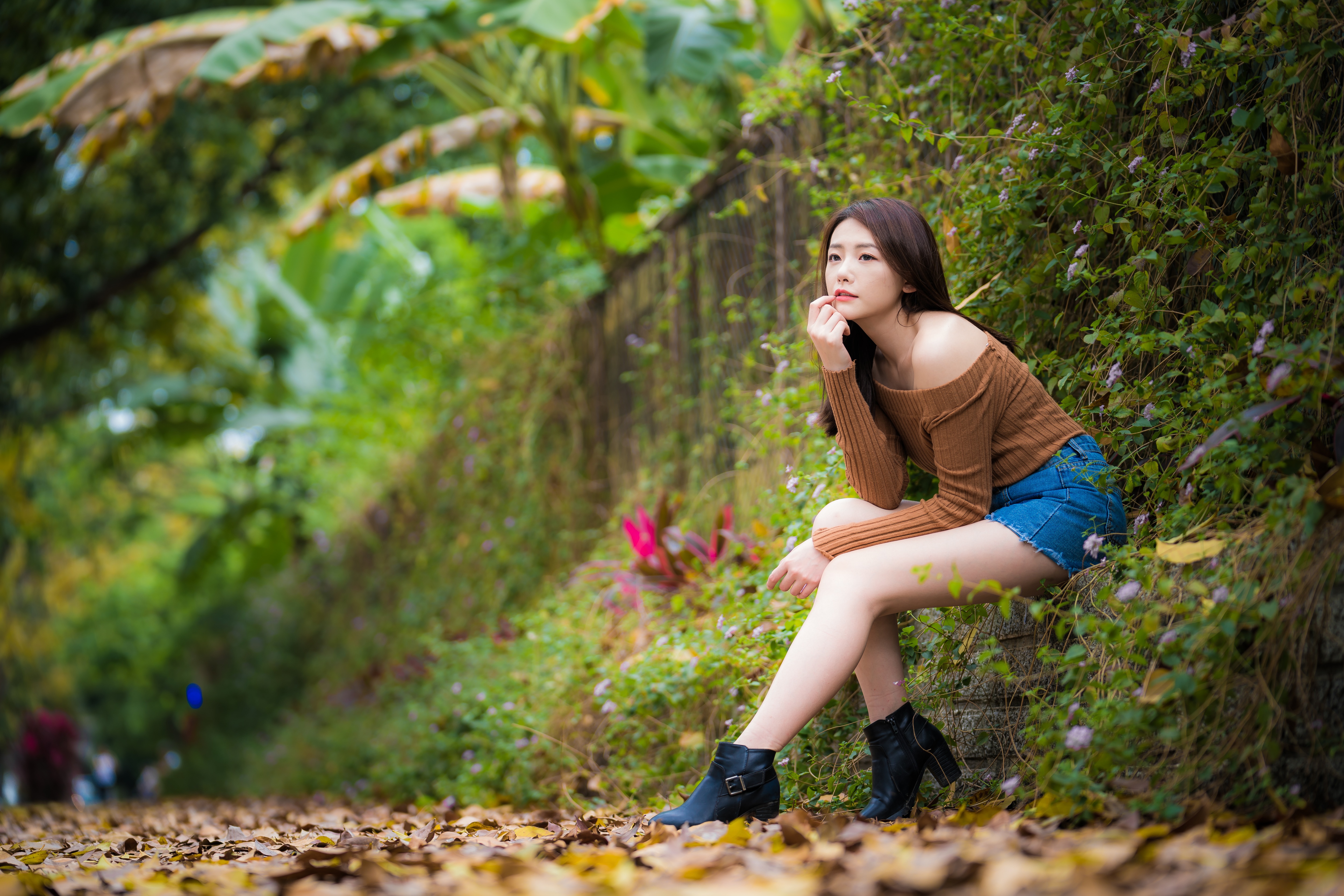 Asian Model Women Long Hair Brunette Leaves Sitting Cardigan Bushes Flowers Shoes Looking Into The D 5000x3335
