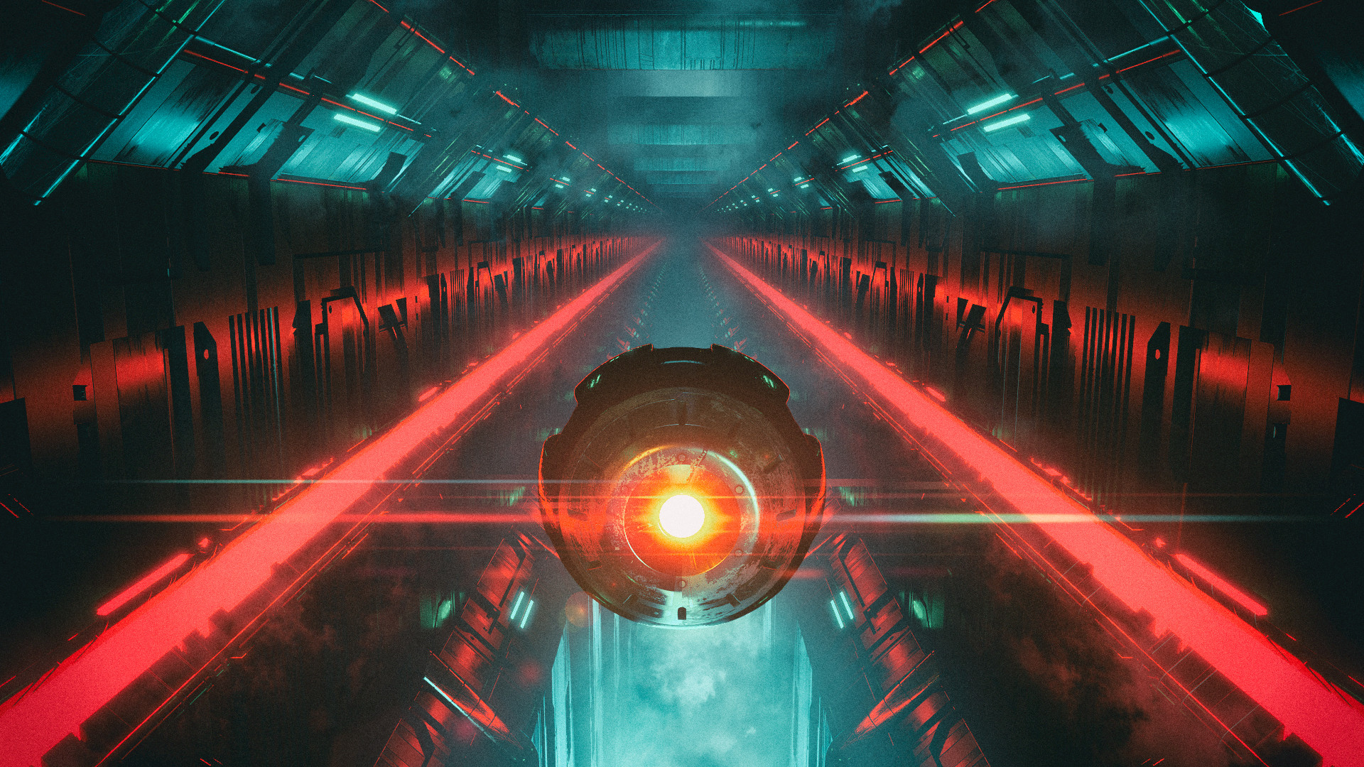 David Legnon Hallway Cyberpunk Science Fiction Red Light Red Orb Glowing 1920x1080