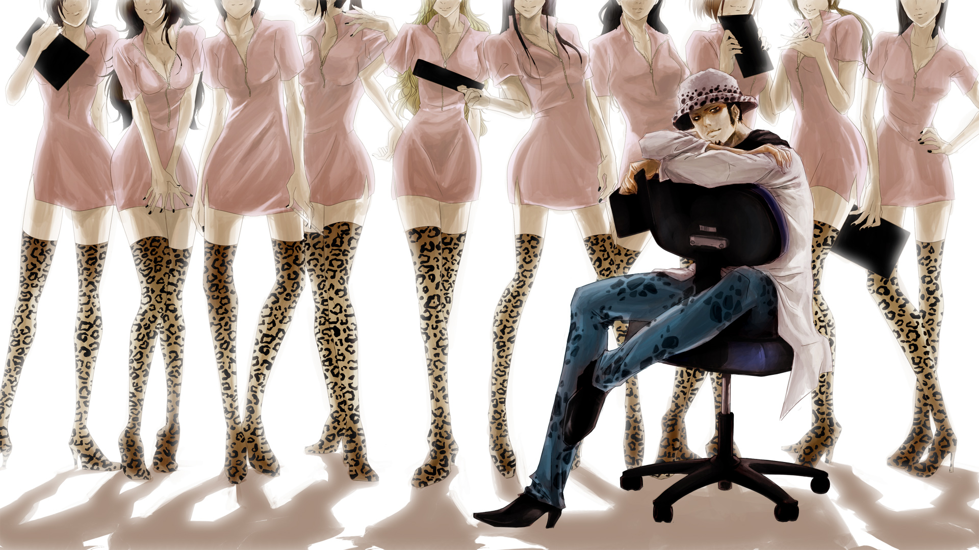 Trafalgar Law Chair Sitting Boy Girl Dress Pink Dress Zipper Long Hair Hat High Heels Thigh Boots Bl 1920x1080