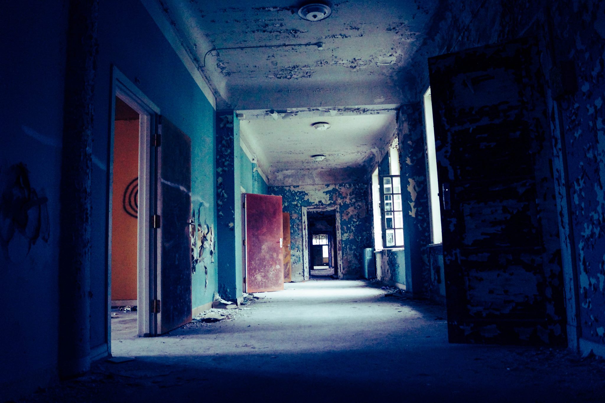 Urbex Abandoned Haunted Mansion Hallway Urban Decay Decay Asylum Hospital Cyan Blue 2048x1363