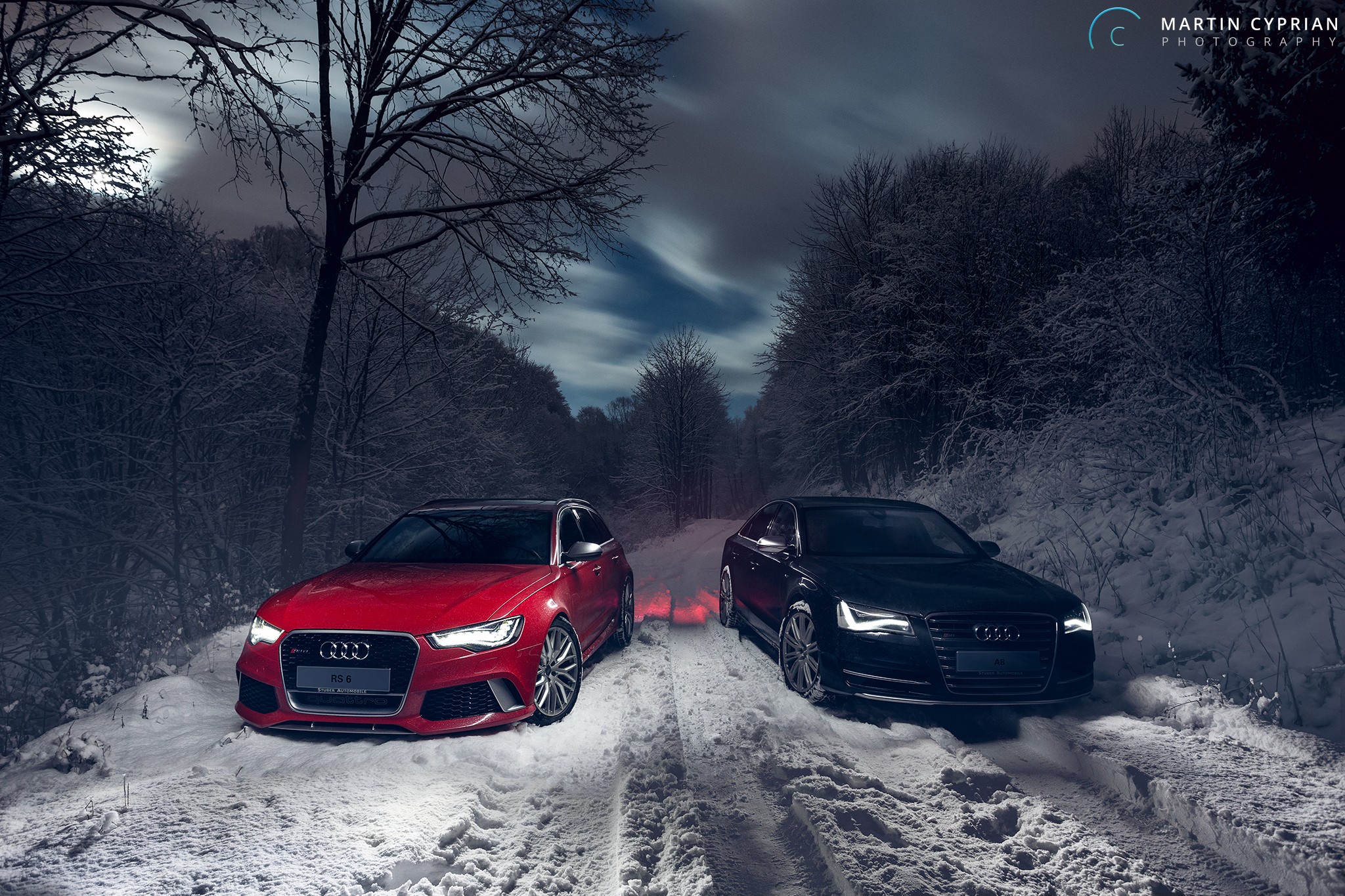 Vehicle Car Audi Audi RS6 Avant Audi A8 Winter Snow Trees Forest Long Exposure Clouds Lights Nature  2048x1365