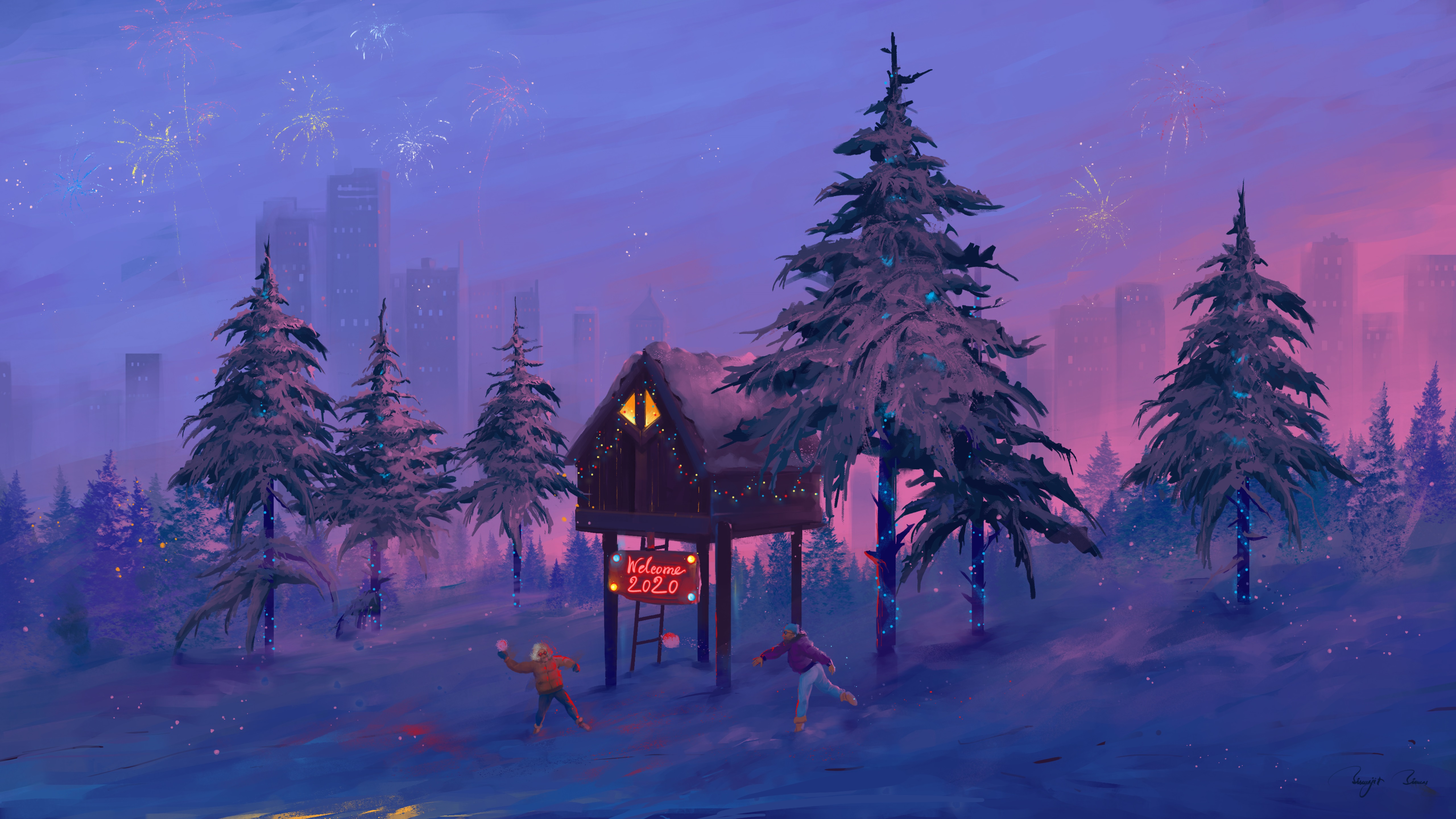 New Year Fireworks Snow BisBiswas Trees City Treehouse Snowball Christmas Lights Artwork 5120x2880