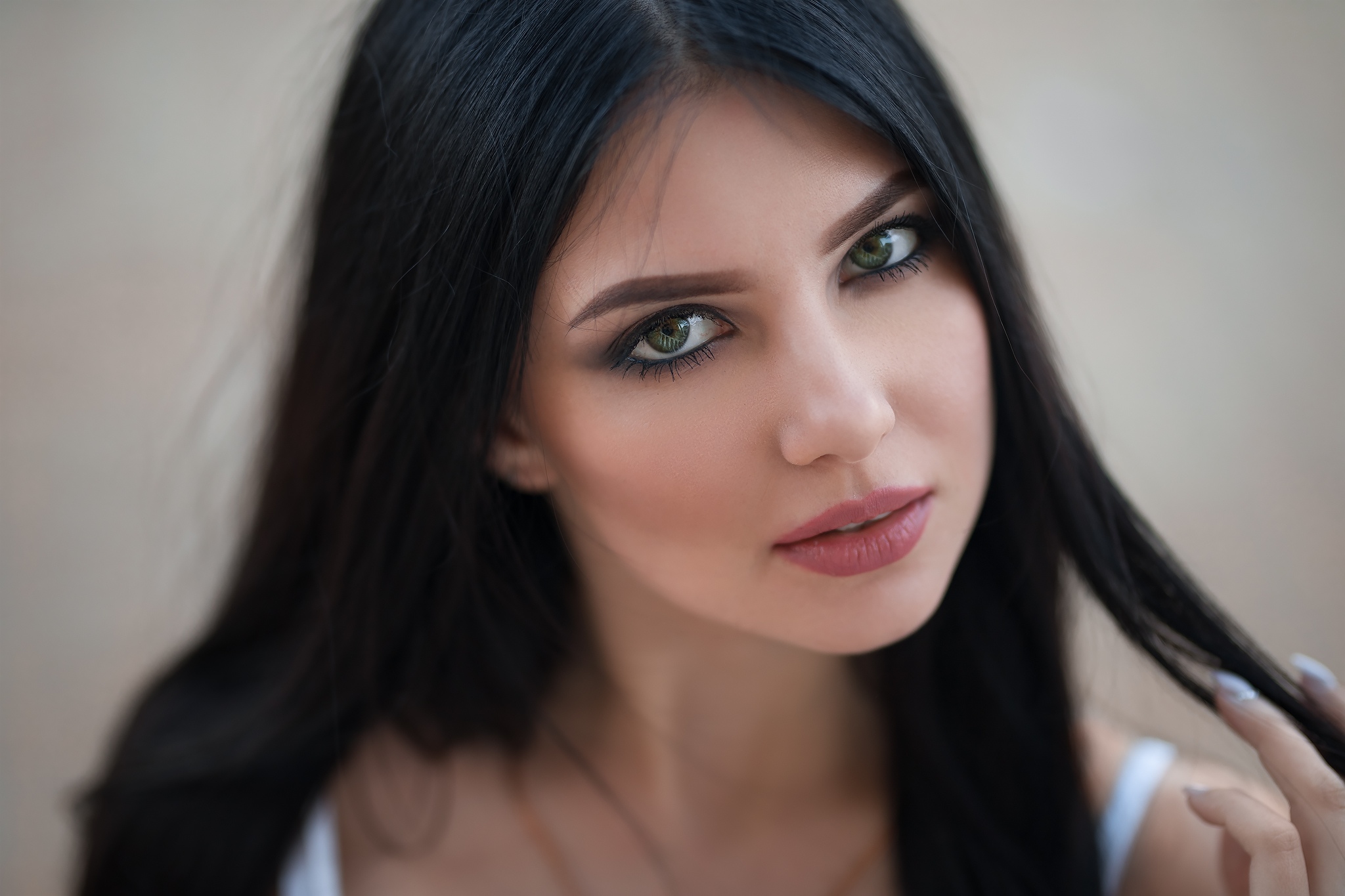 Kristina Romanova Women Model Dark Hair Green Eyes Looking At Viewer Pink Lipstick Face Touching Hai 2048x1365