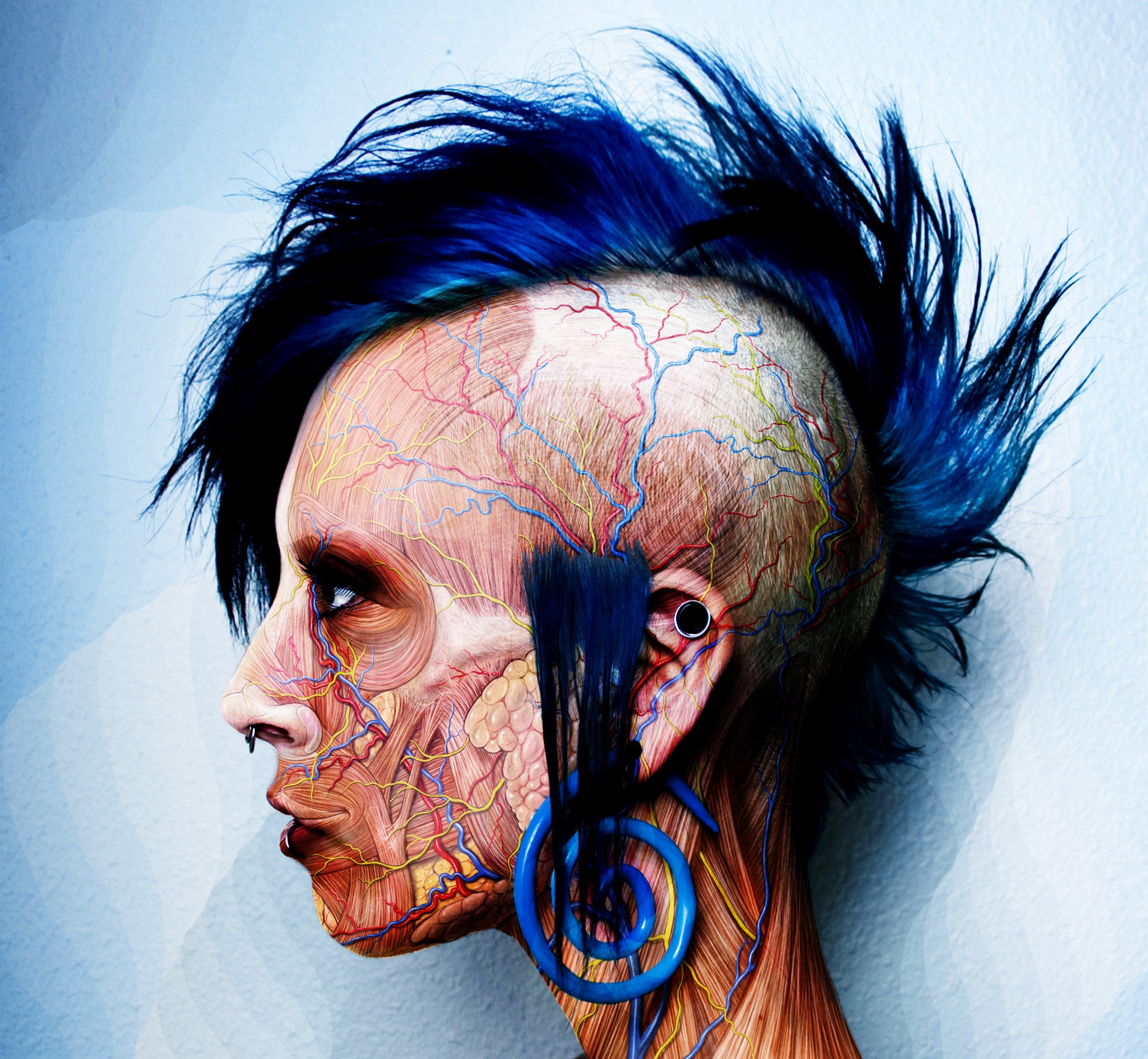 Digital Art White Background Face Women Punk Veins Pierced Nose Muscular Blue Hair Punks 1970x1818