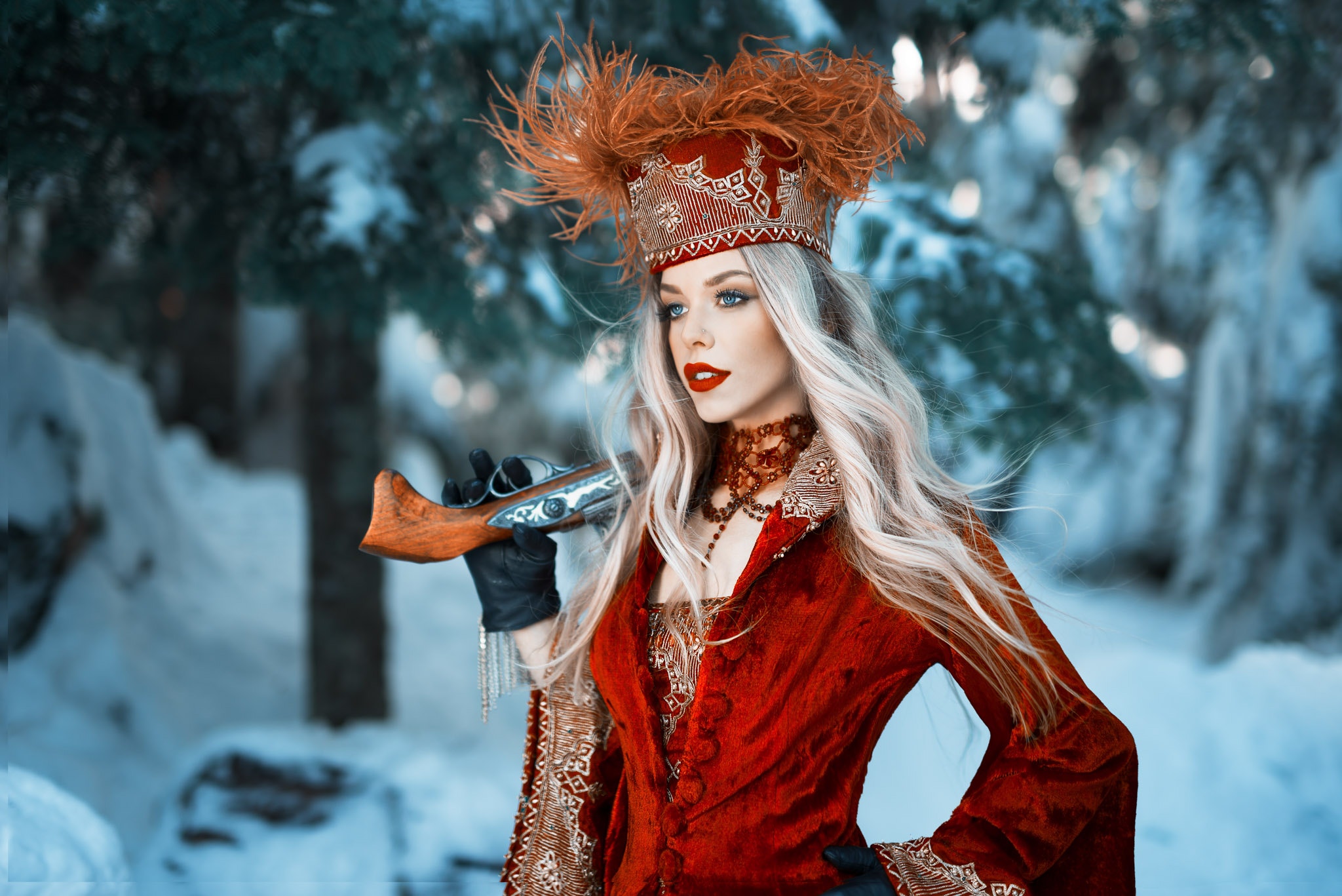 Kyle Cong Fantasy Girl Winter Snow Gun Hat Long Hair Blonde Women Outdoors Women Model Red Lipstick  2048x1367