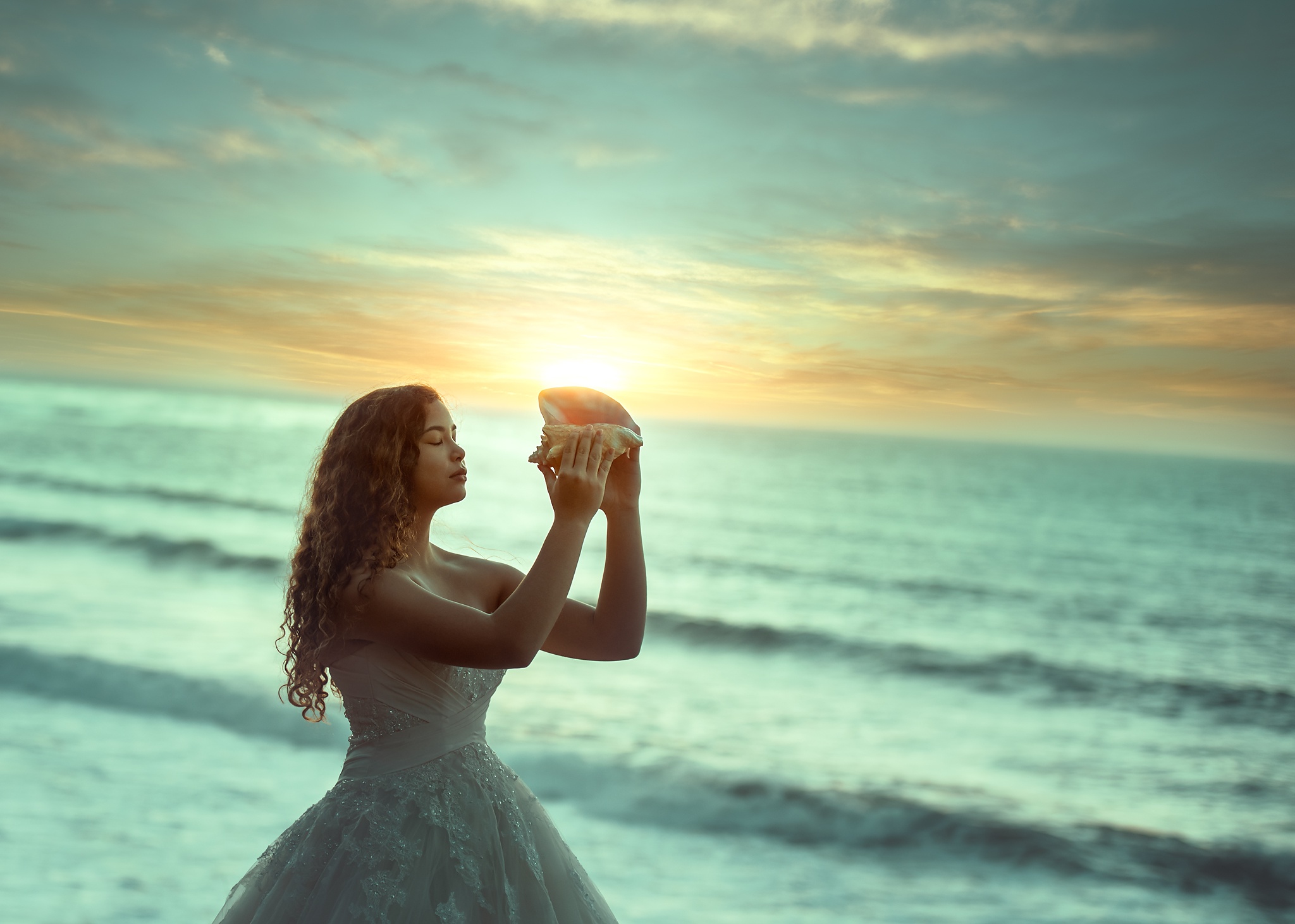 Sea Dress Sky Sunlight Women Model Women Outdoors Closed Eyes Seashell 2048x1462
