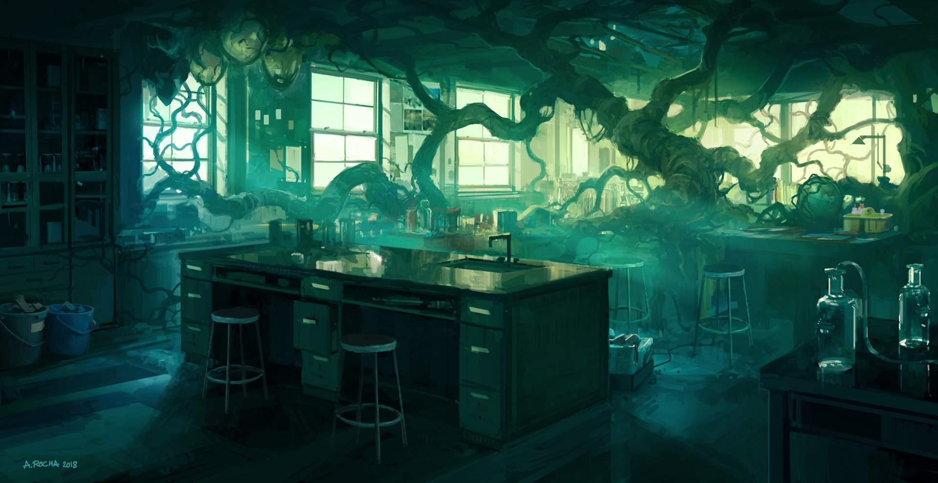Andreas Rocha Nature Trees Twigs Laboratories Chair Table Bottles School Trash 1920x989