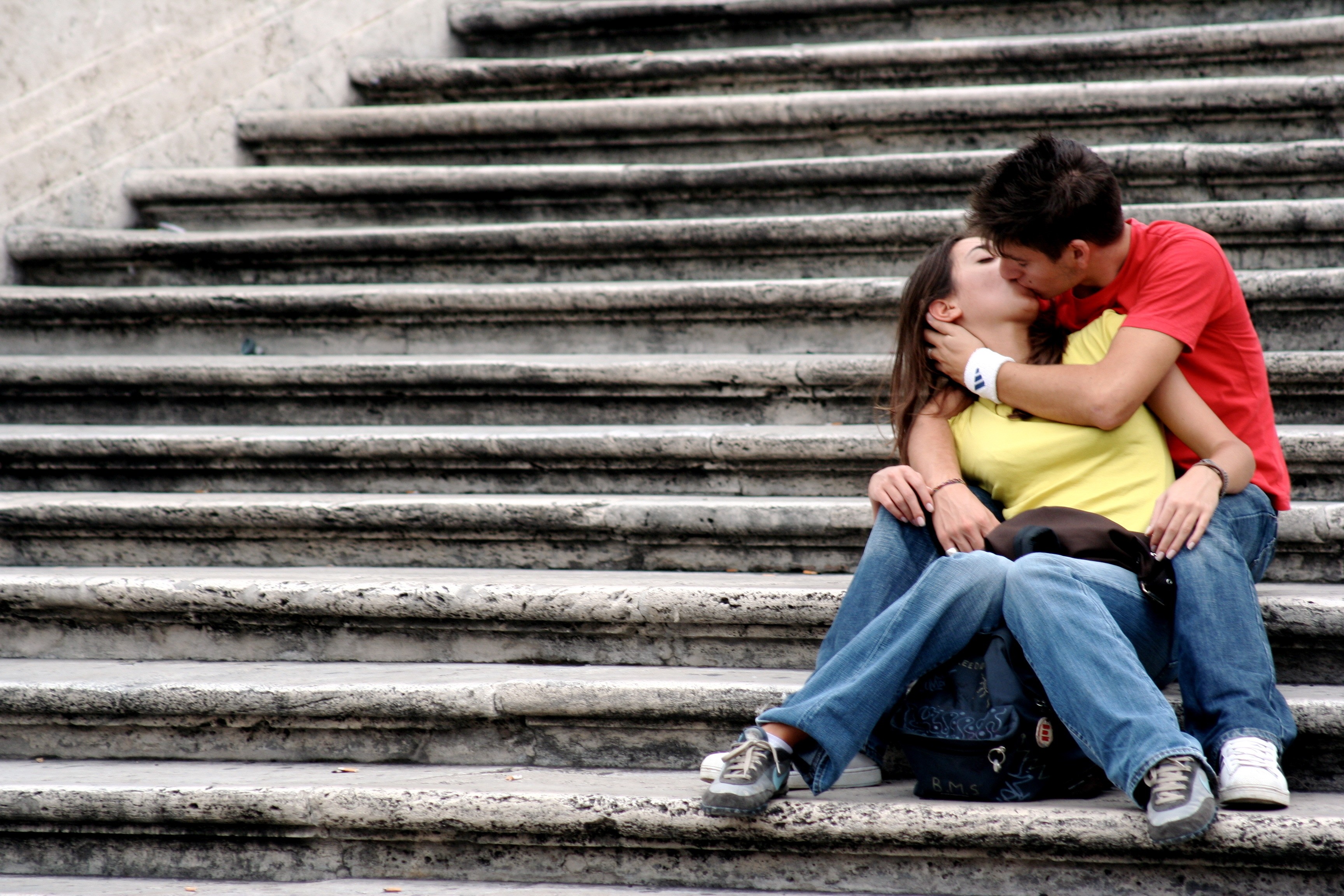 Couple Kissing Stairs Stone Stairs 3456x2304
