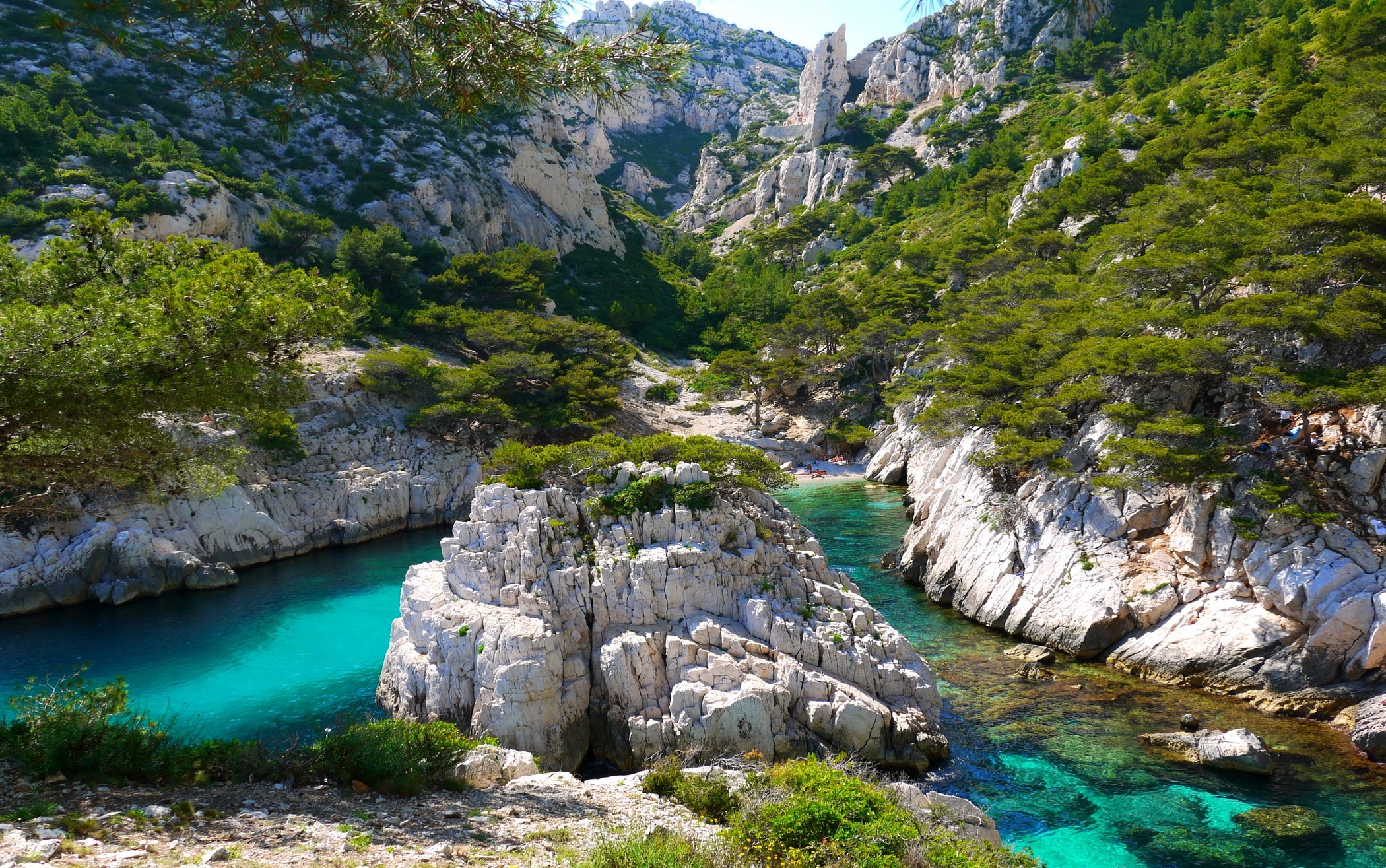 Landscape Nature Coves Beach Trees Mountains Turquoise Water France Limestone Rock Summer 2100x1315