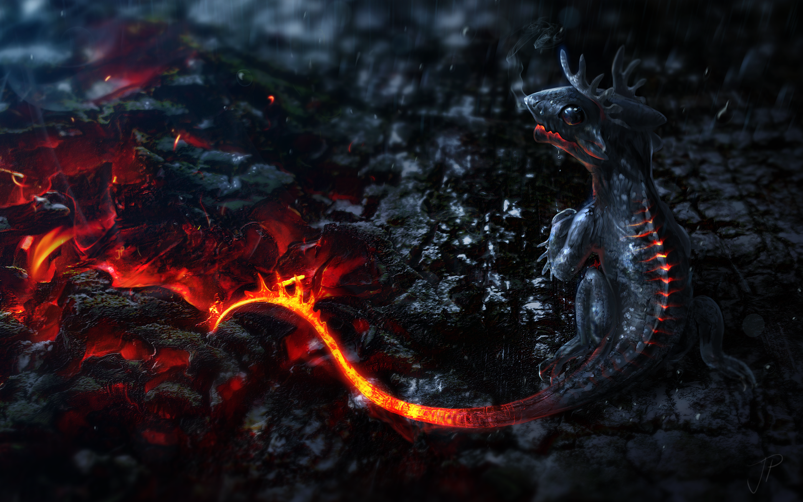 Dragon Dragon Baby Burning Fantasy Art Fire Render 3D CGi Embers 2560x1600