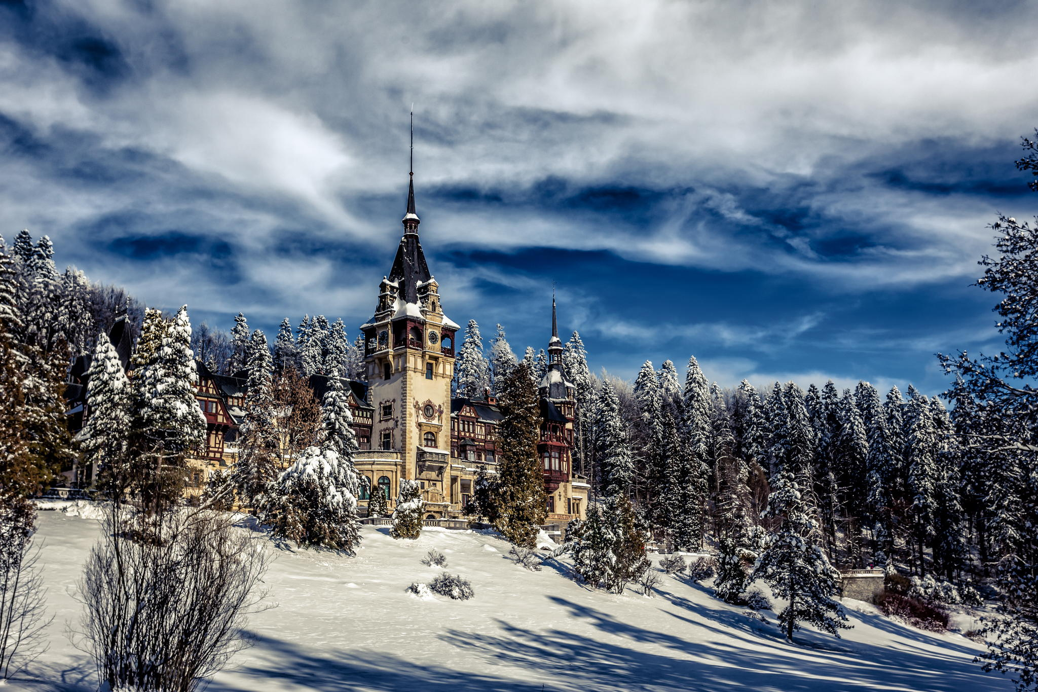 Peles Castle Castle Romania Winter Snow Forest Sky 2048x1365