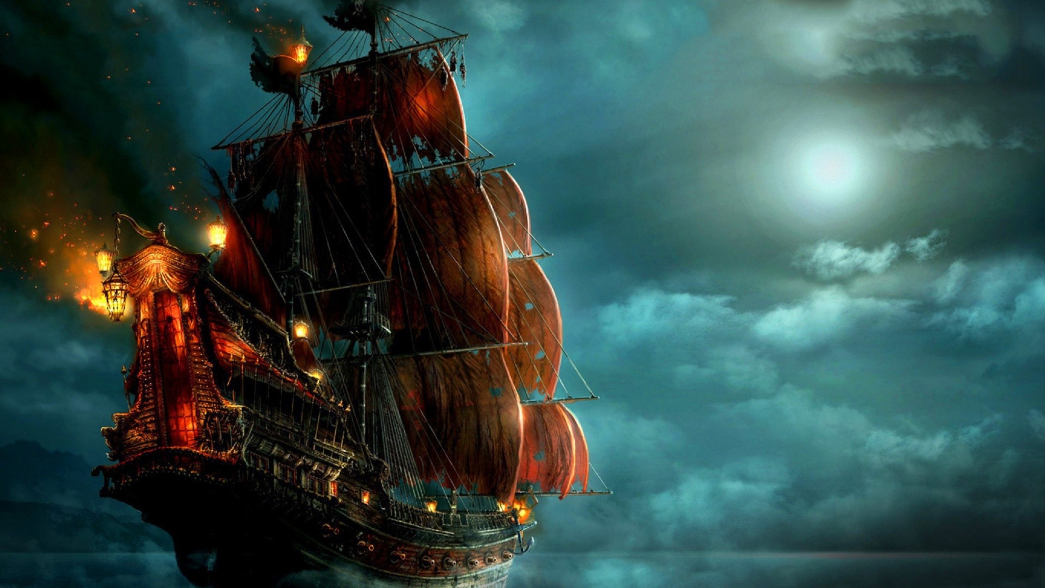Sailing Ship Fantasy Art Ship Artwork Pirates Lantern Ghost Ship 2049x1152