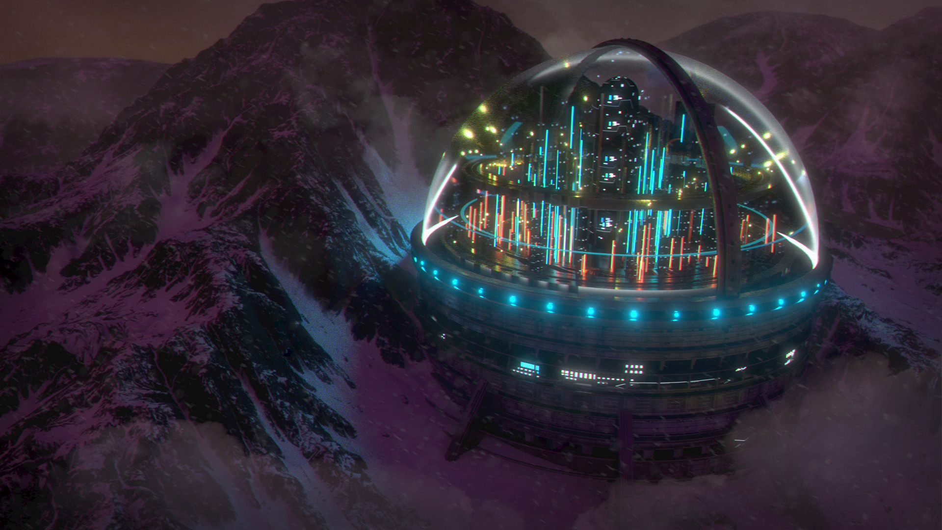 David Legnon Snowy Mountain Globe City Cyberpunk Science Fiction Snow Night Peak City Lights Neon Gl 1920x1080