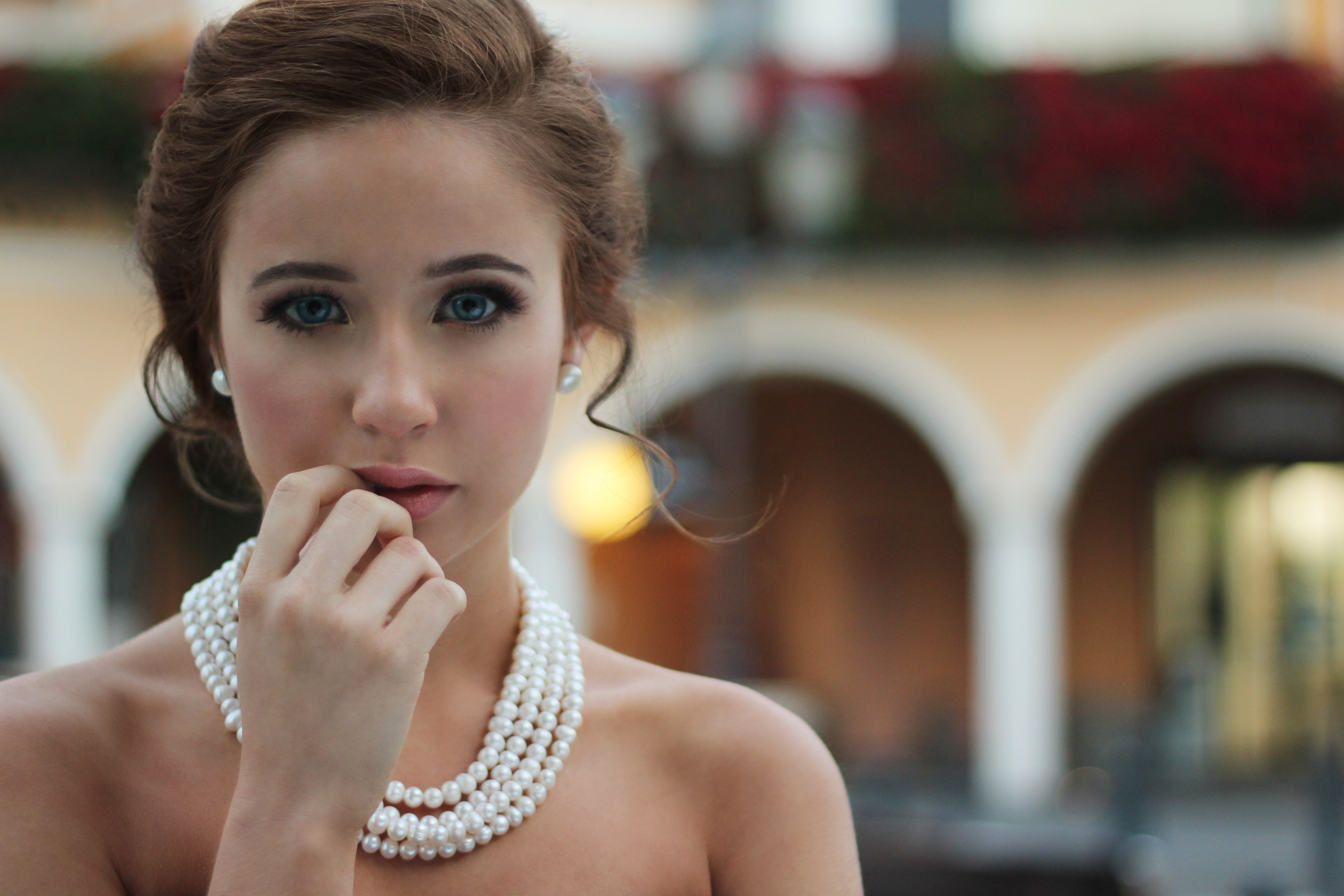 Women Looking At Viewer Blue Eyes Pearls Pearl Necklace Finger On Lips Portrait Auburn Hair Brunette 4735x3157