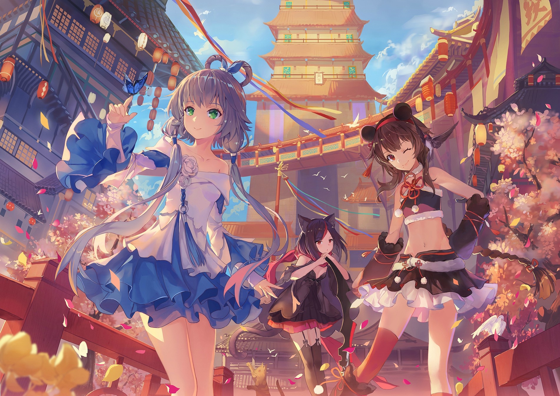 Hanasa Anime Girls Luo Tianyi Anime Colorful Green Eyes Dress Fantasy City 1902x1345