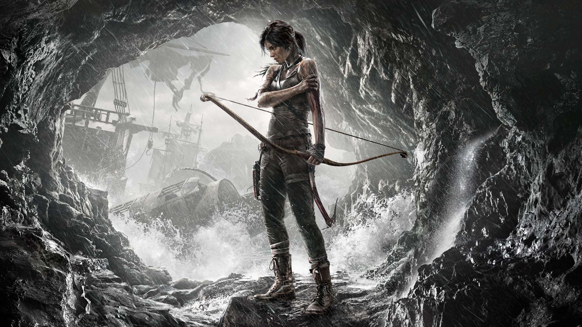 Tomb Raider Lara Croft Cave Bow Wreck Shipwreck Water Splash 1920x1080