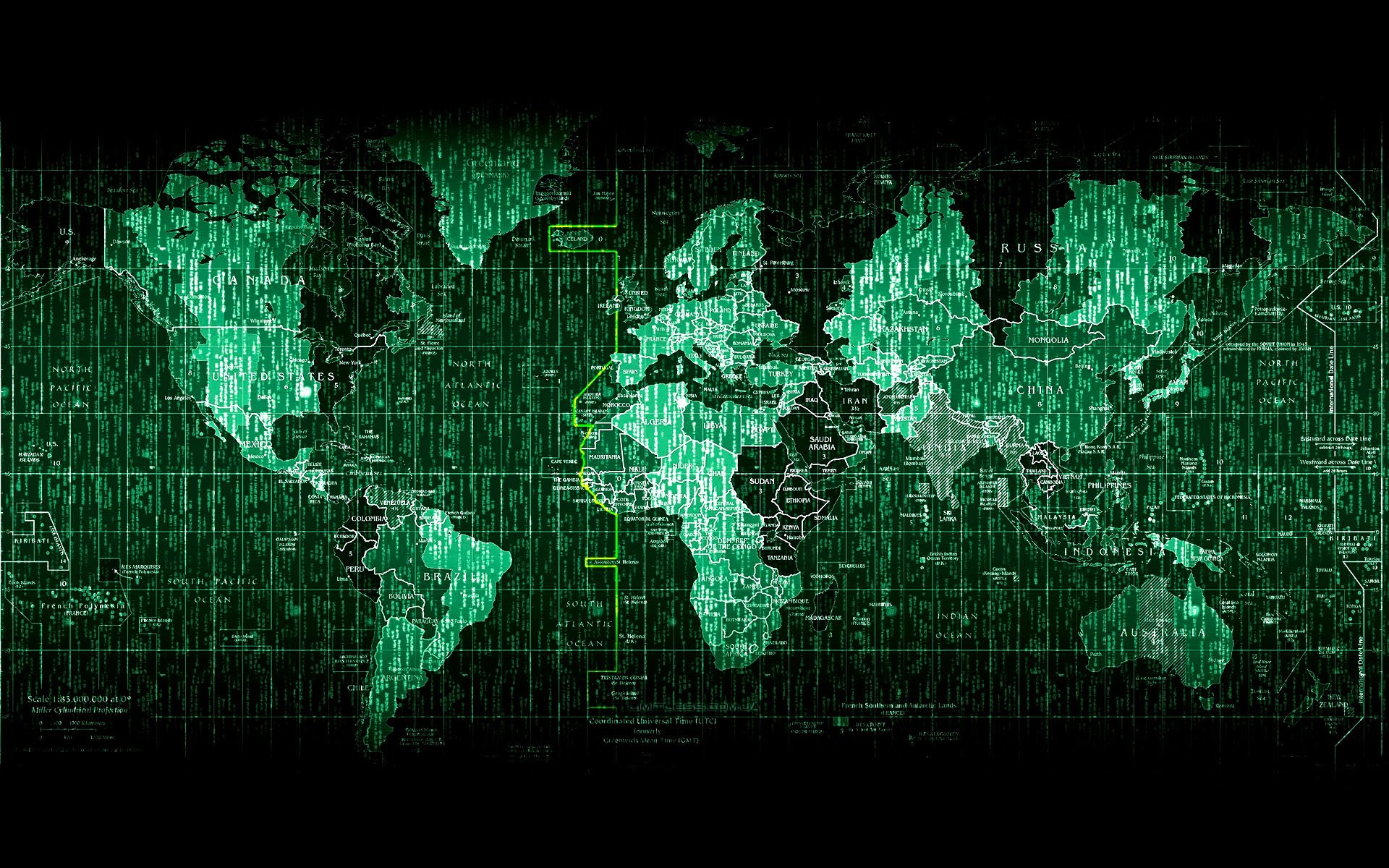 Hackers Anonymous Green Time Zones World Map 1920x1200