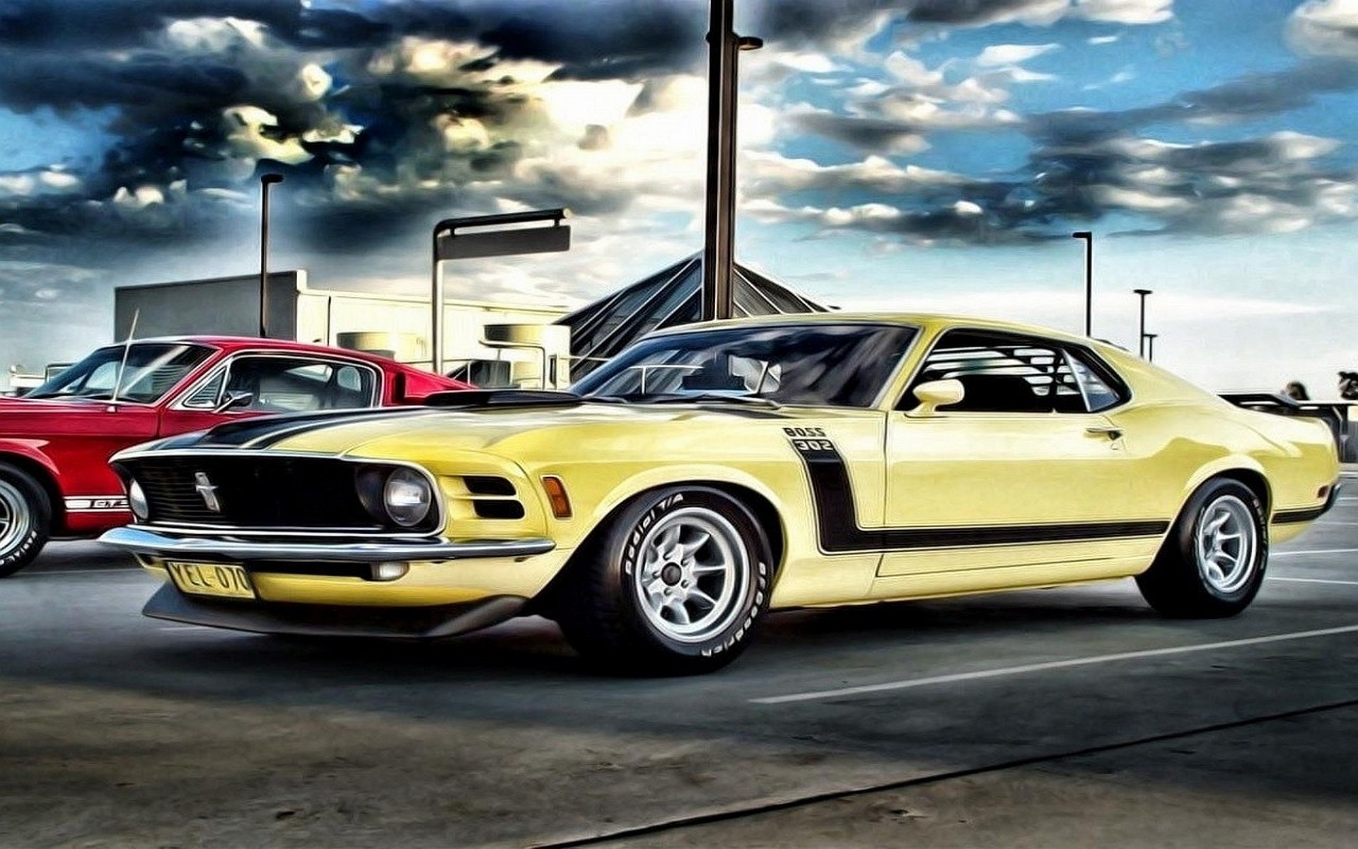 Ford Mustang Car Boss 302 Muscle Cars Drawing Red Cars Yellow Cars Clouds Vehicle 1920x1200