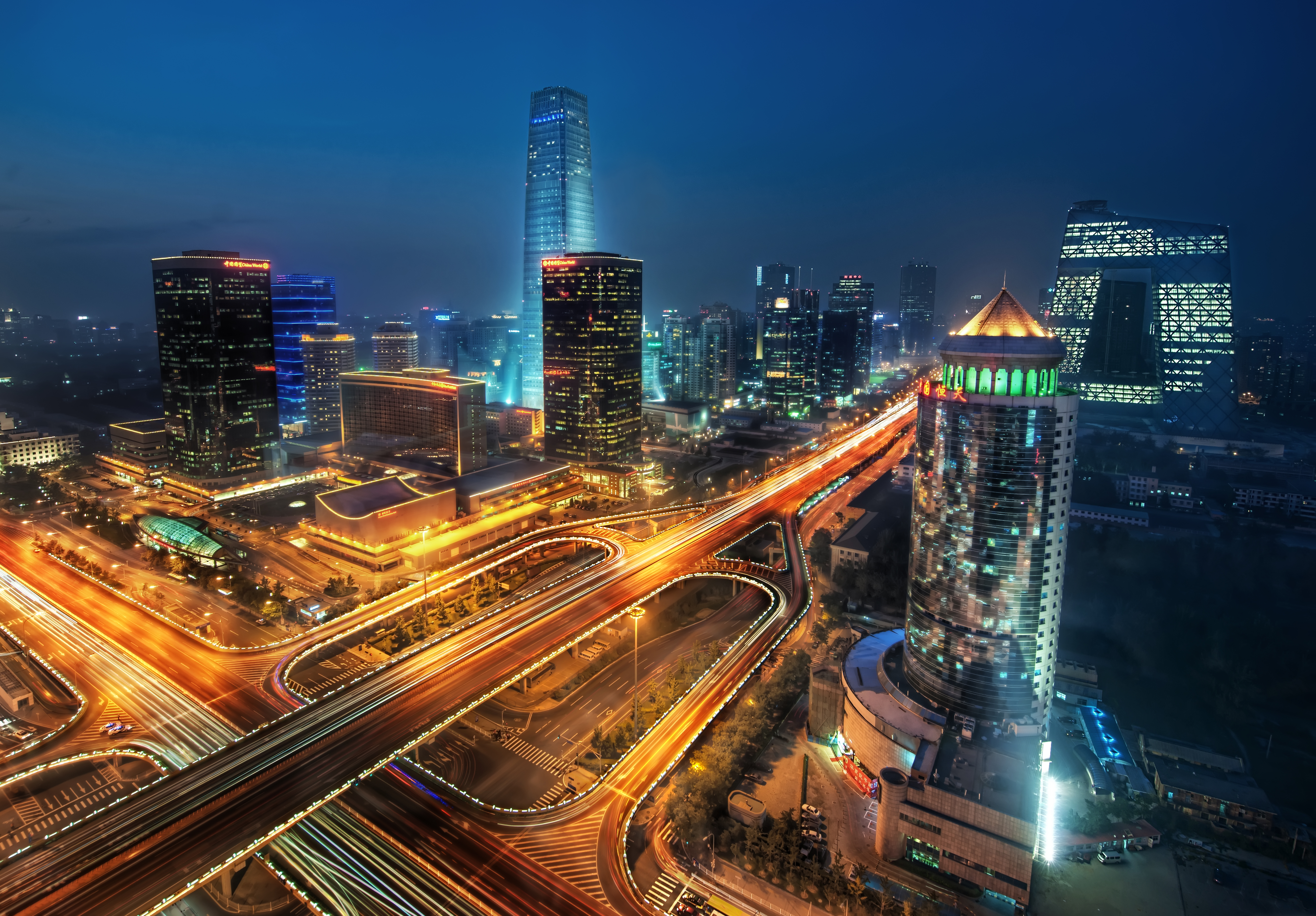 Beijing China Night City Cityscape Time Lapse Building Skyscraper Light Highway 5201x3620