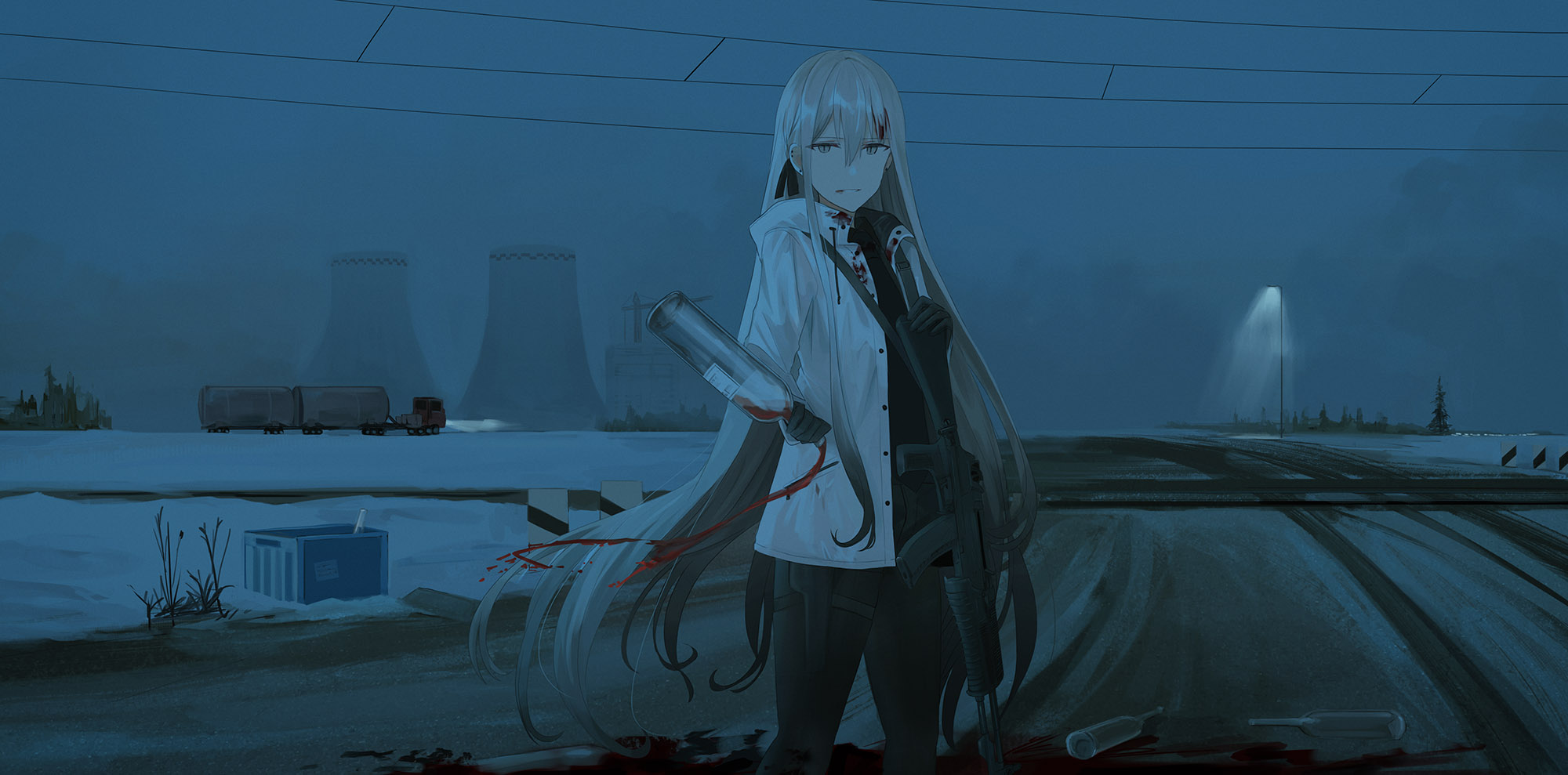 Anime Girls Anime Blonde Long Hair Bottles Dark Nuclear Power Plant Weapon Road 2000x989