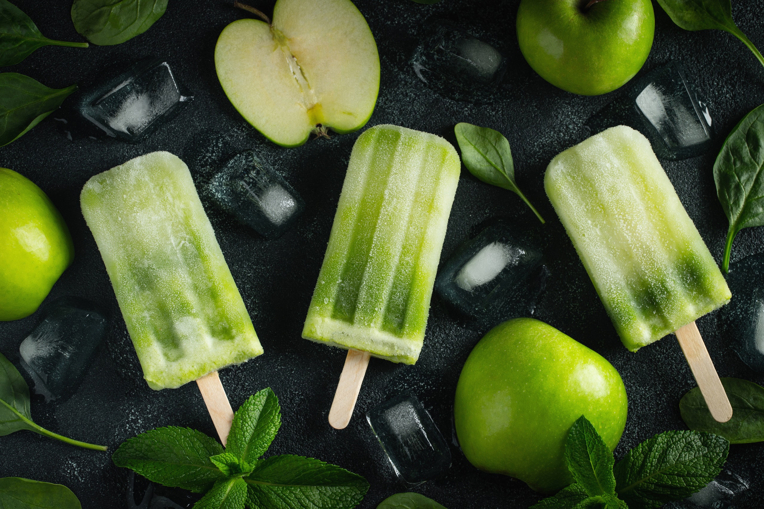 Food Popsicle Ice Apples Mint Leaves Basil Ice Cubes Green Spinach 2560x1707