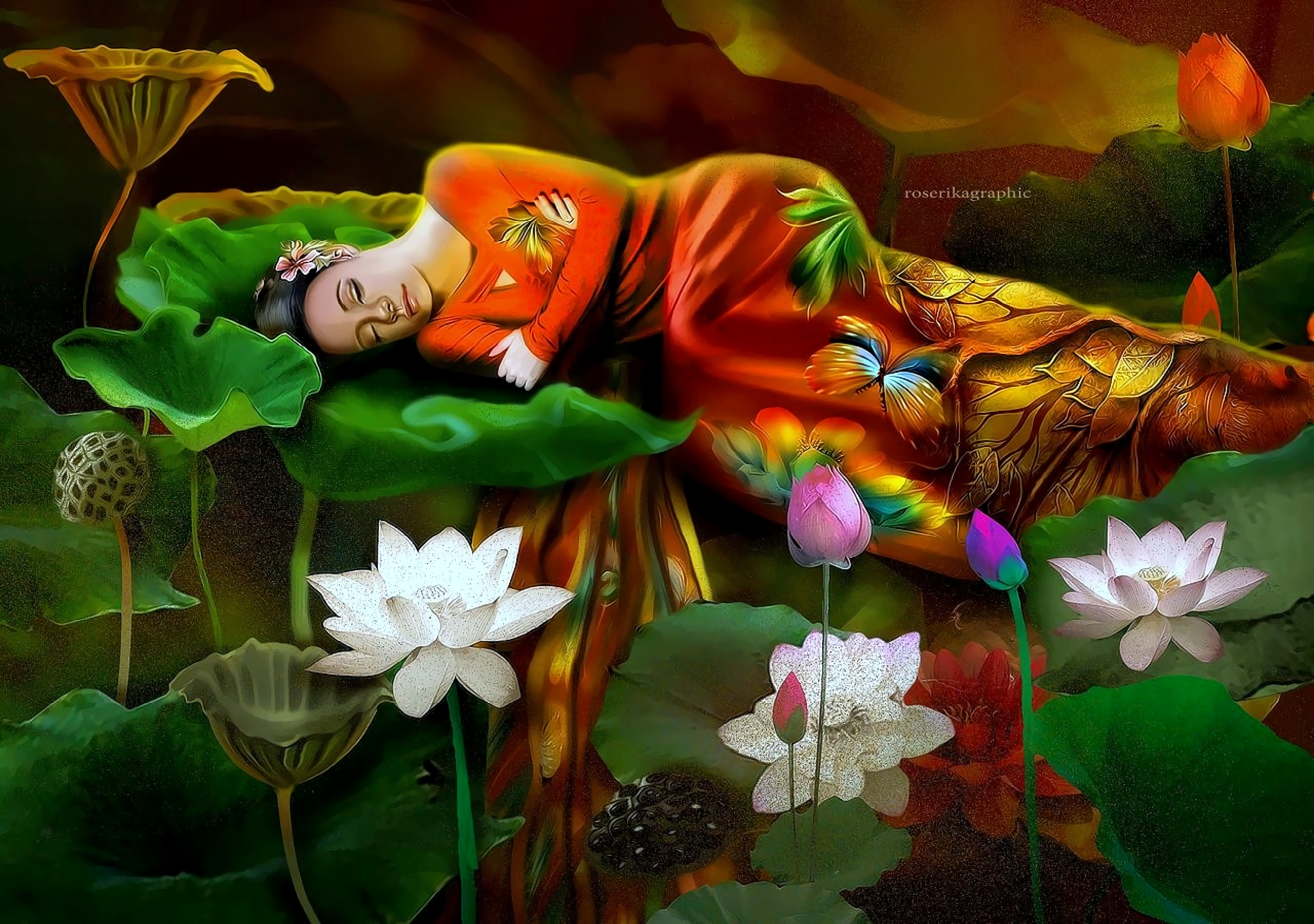 Artistic Fairy Woman Girl Fantasy Sleeping Lily Pad Lotus 2560x1800