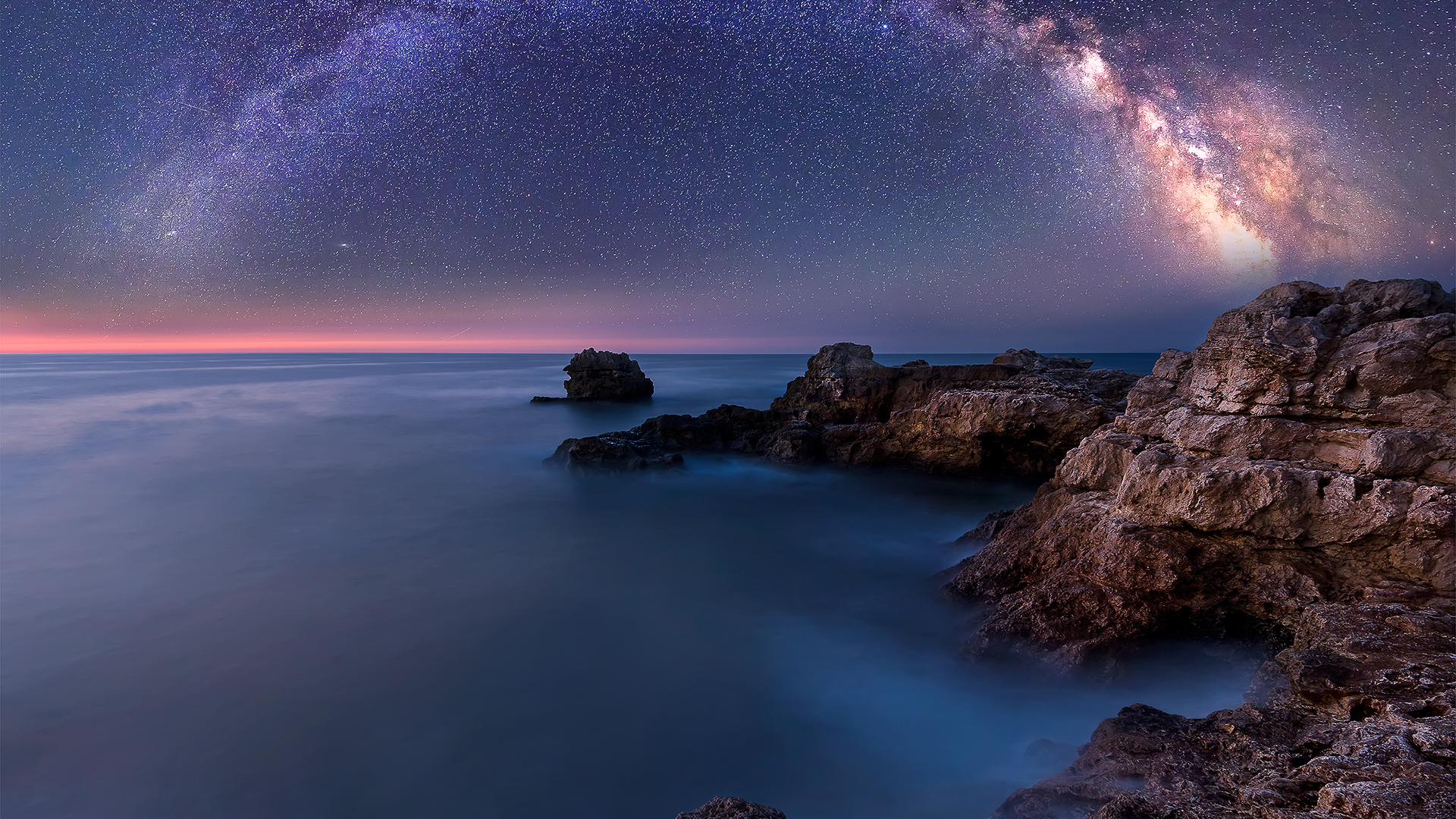 Horizon Rocks Water Sea Stars Night Long Exposure Milky Way Nature Black Sea Bulgaria Galaxy 1920x1080
