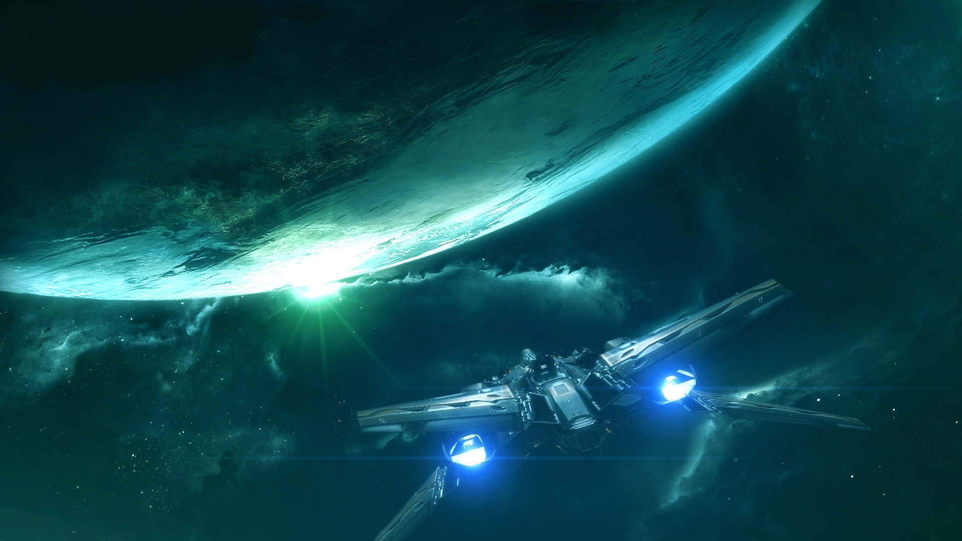Digital Art Space Spaceship Science Fiction Pilote Planet Space Art Cyan Turquoise 1920x1080