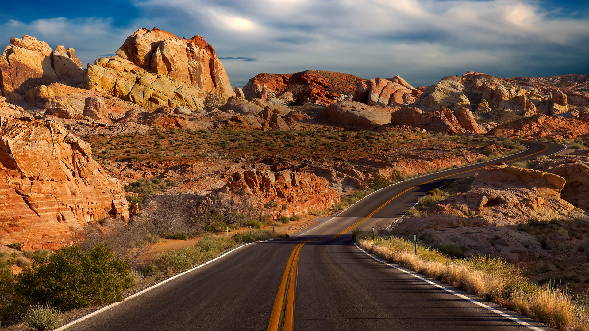 Road Clouds Nature Landscape Plants Mountains Hairpin Turns Sky Desert Valley Of Fire State Park Nev 1920x1080