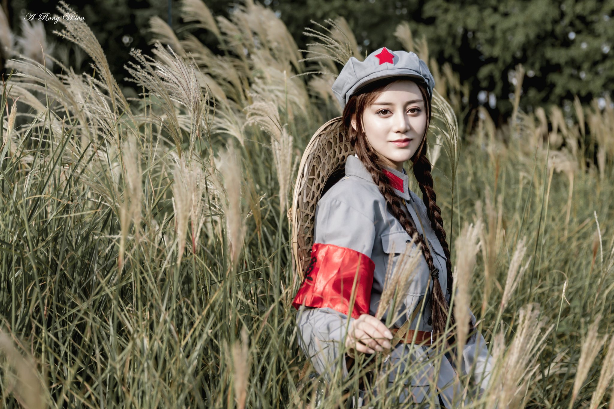 Women Model Brunette 500px Depth Of Field Asian Pigtails Cosplay Field Red Army Communism 2048x1365