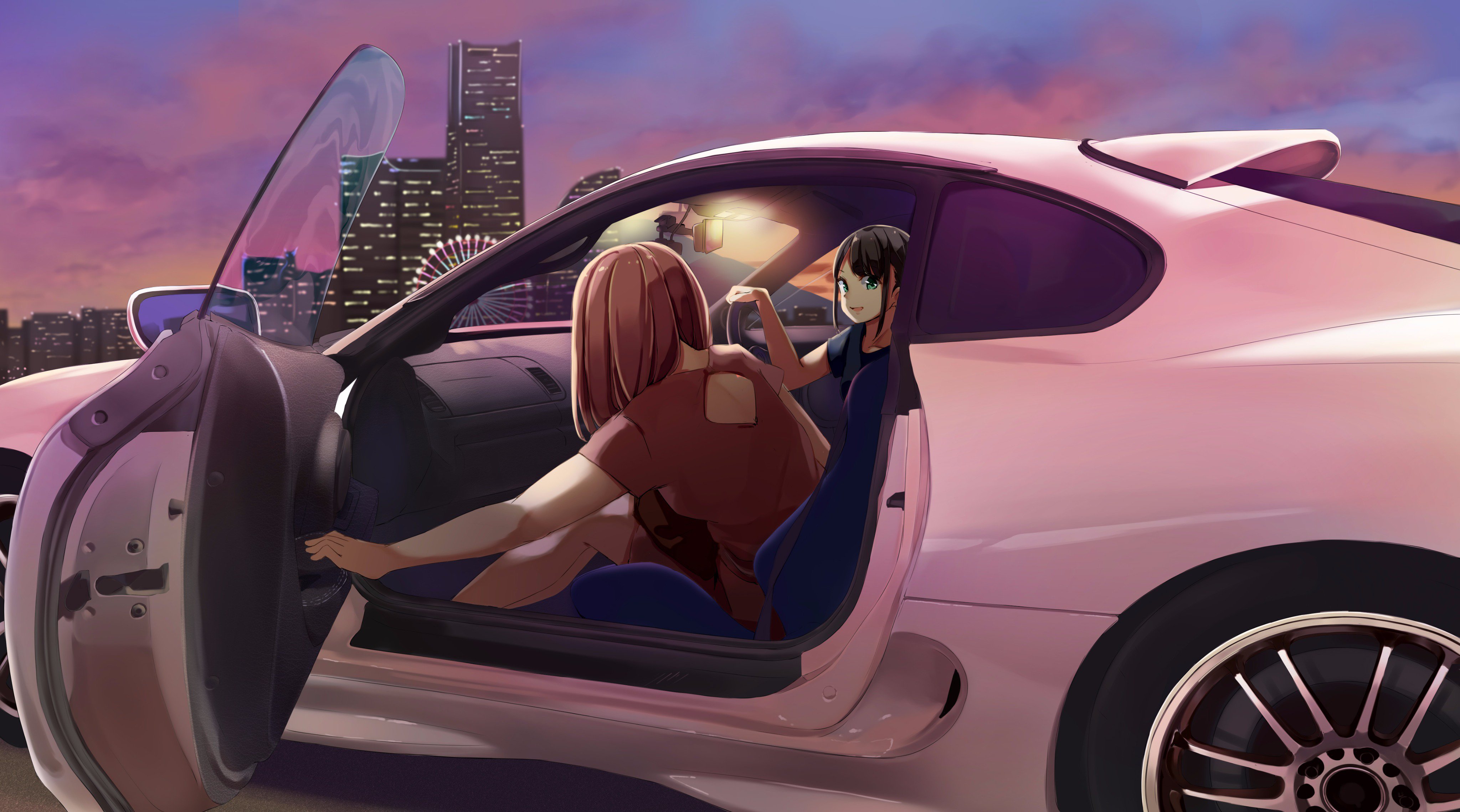 Car Anime Open Door Vehicle Car Interior Ferris Wheel Wheels Spoilers Anime Girls Looking At Viewer  4096x2279