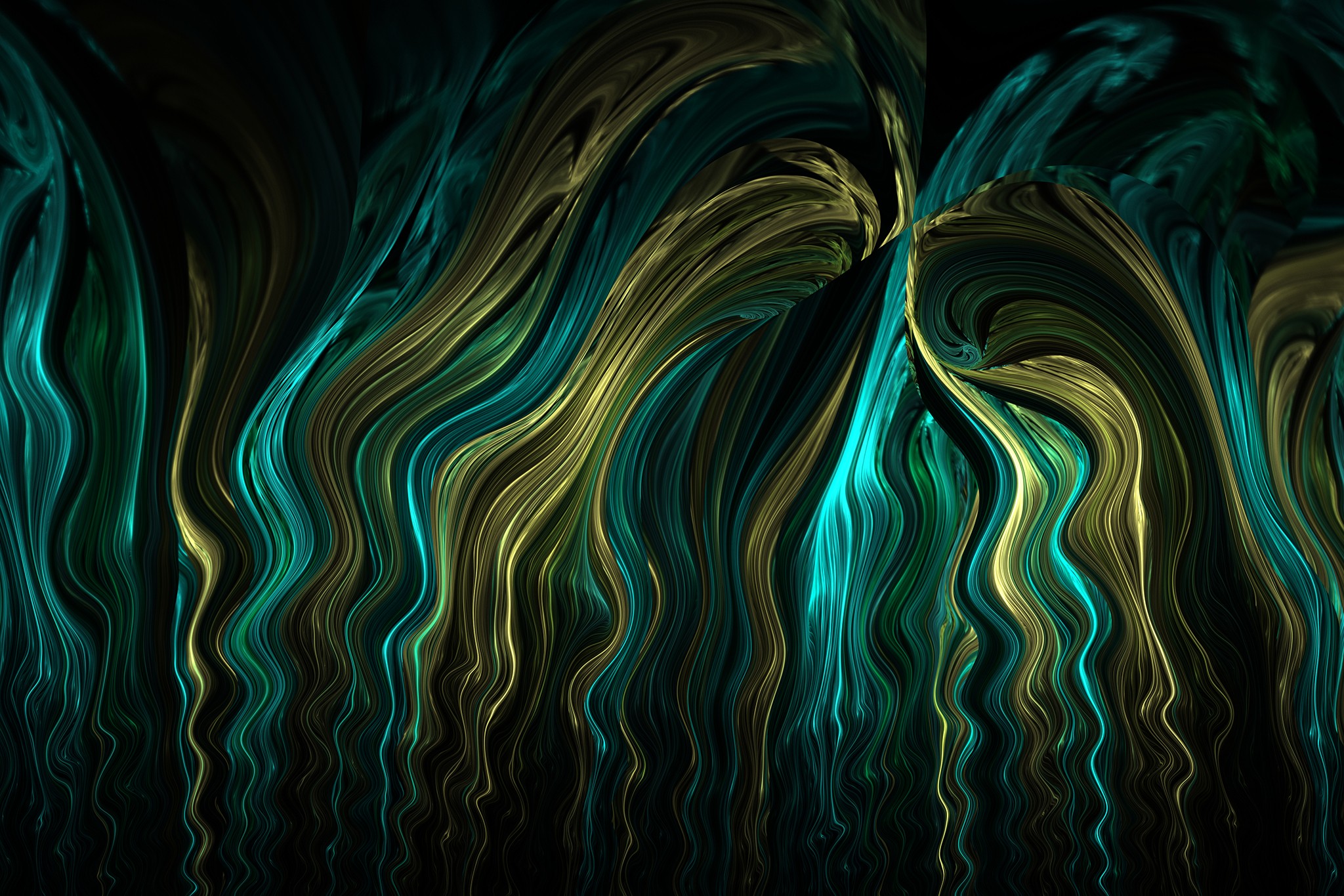 Fractal Fractal Apophysis Digital Art 3D Gold Waves Abstract Green Turquoise 2048x1365