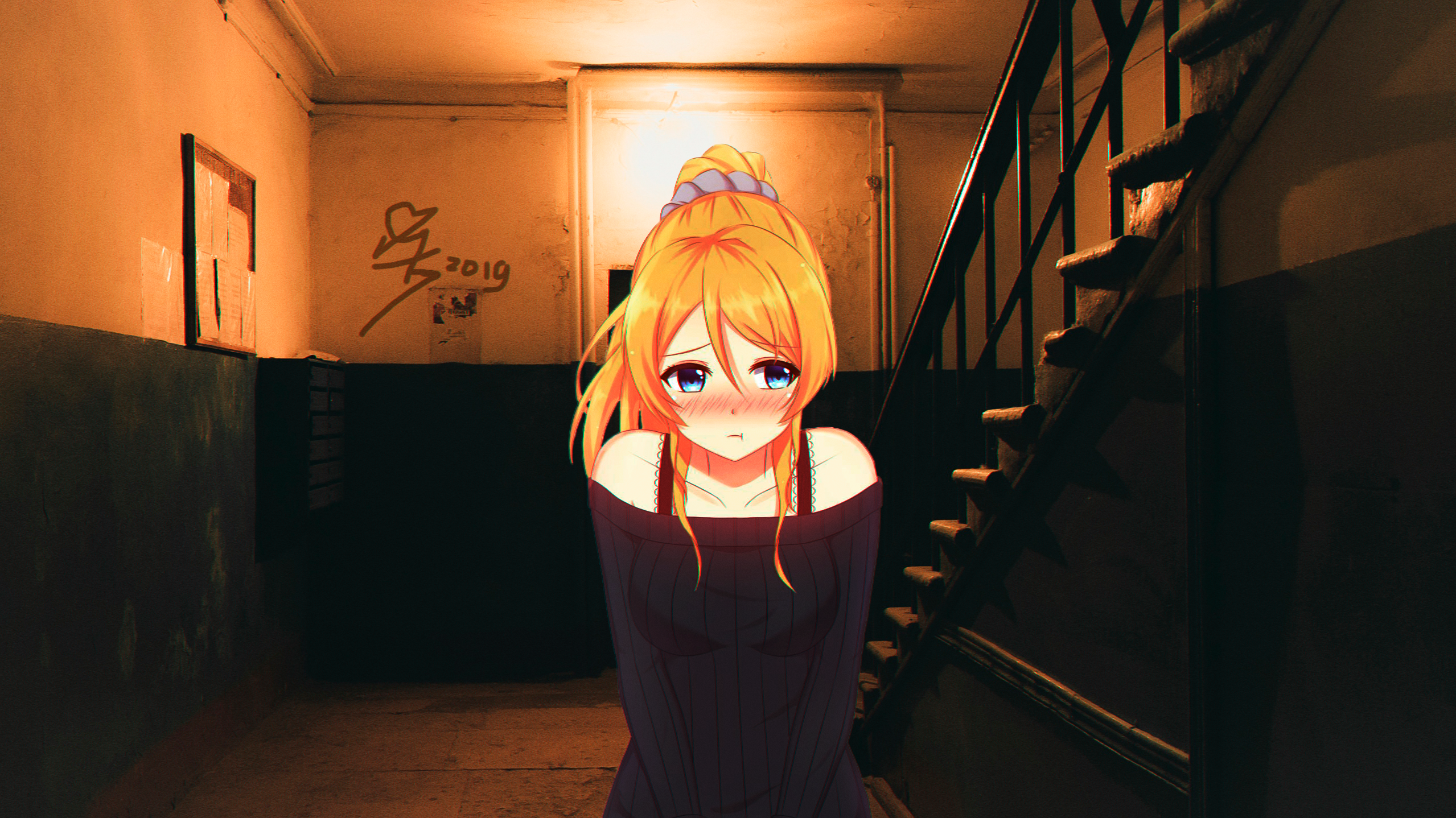 Anime Anime Girls Anime Irl Shy Staircase Dark House Russia Blonde Blue Eyes Love Live Series Love L 2558x1438