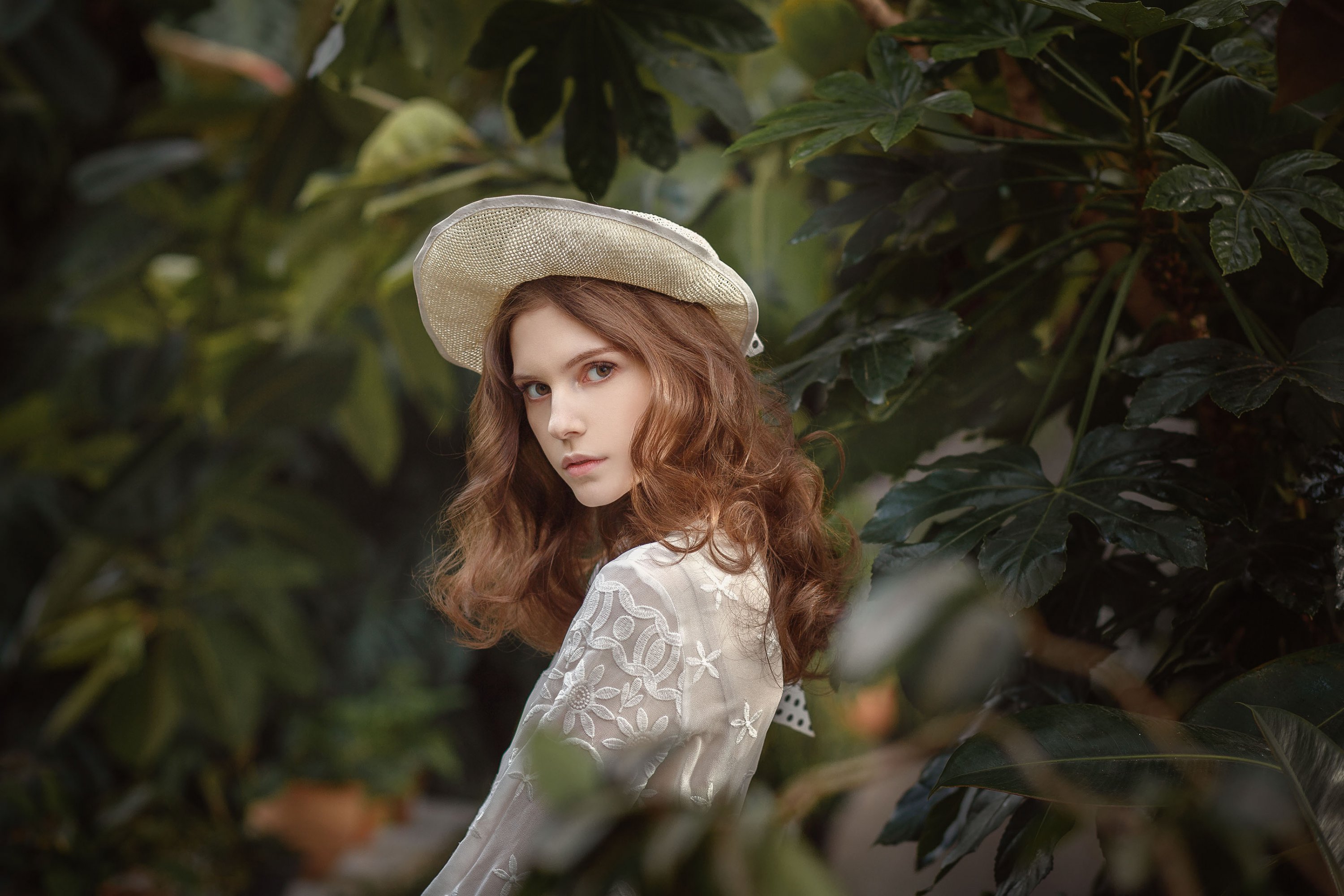 Women Redhead Model Long Hair Leaves Nature Women Outdoors Hat Dress White Dress Curly Hair Brown Ey 3000x2000