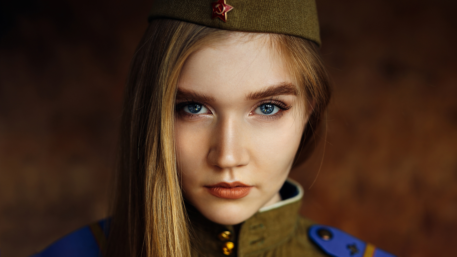 Women Blonde Face Portrait Blue Eyes Hammer And Sickle Soviet Union Uniform 1920x1080