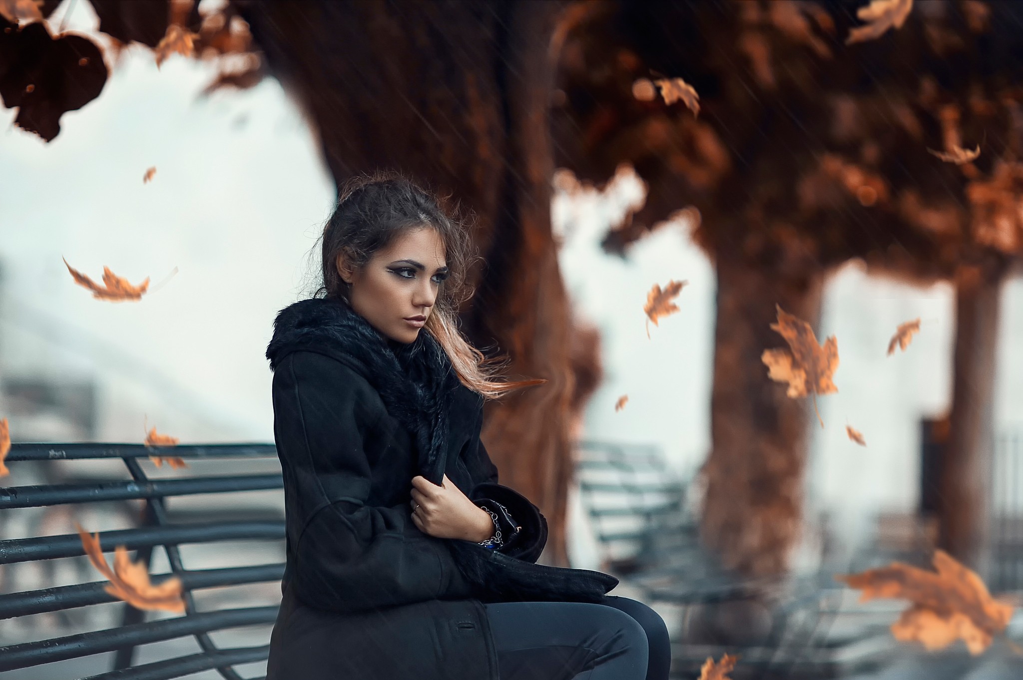 Women Leaves Bench Women Outdoors Fall Alessandro Di Cicco Black Coat On Bench Sweet Ary Coats 2048x1362