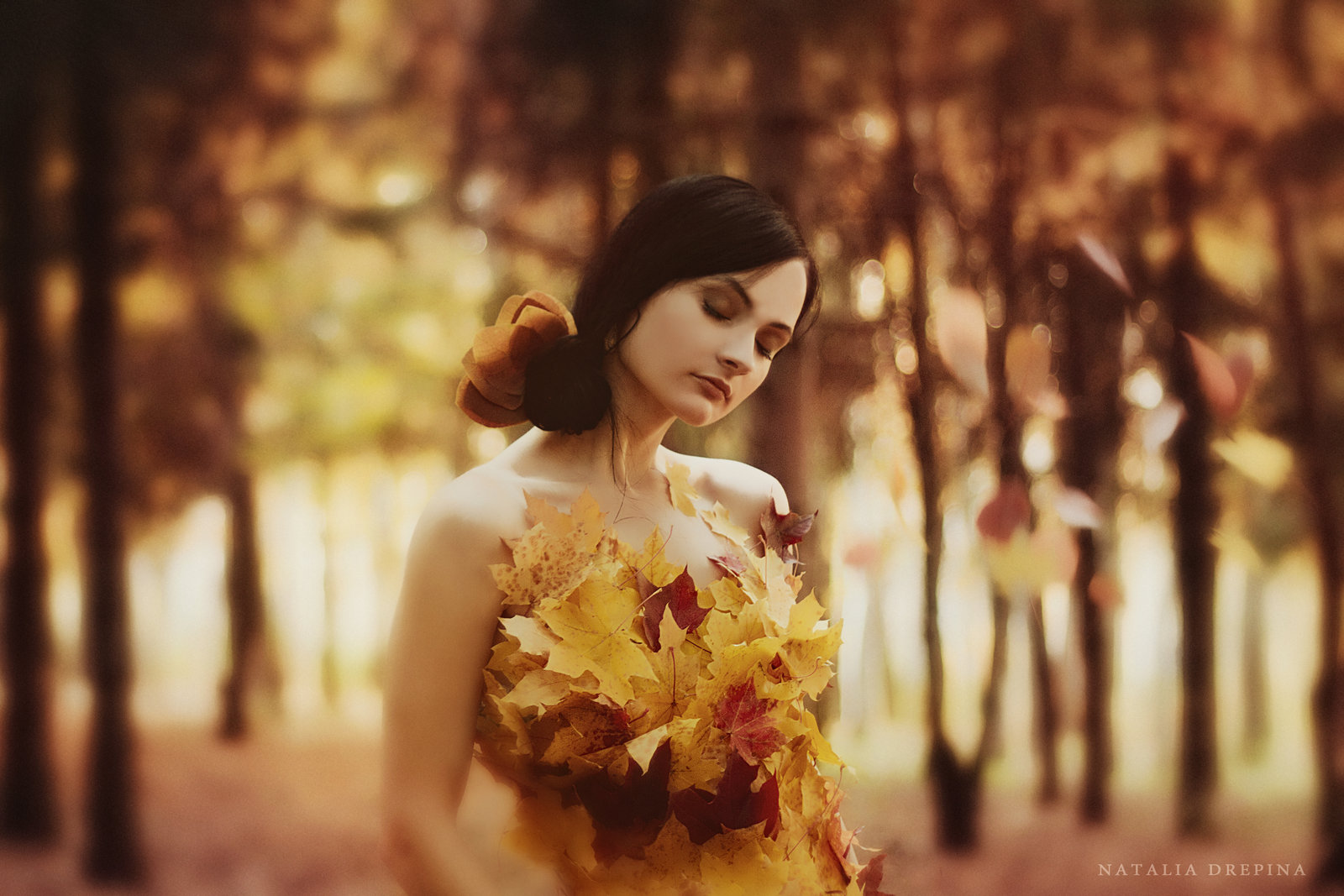 Natalia Drepina Women Model Russian Fall Leaves Trees Depth Of Field Closed Eyes Brunette Dark Hair  1600x1067
